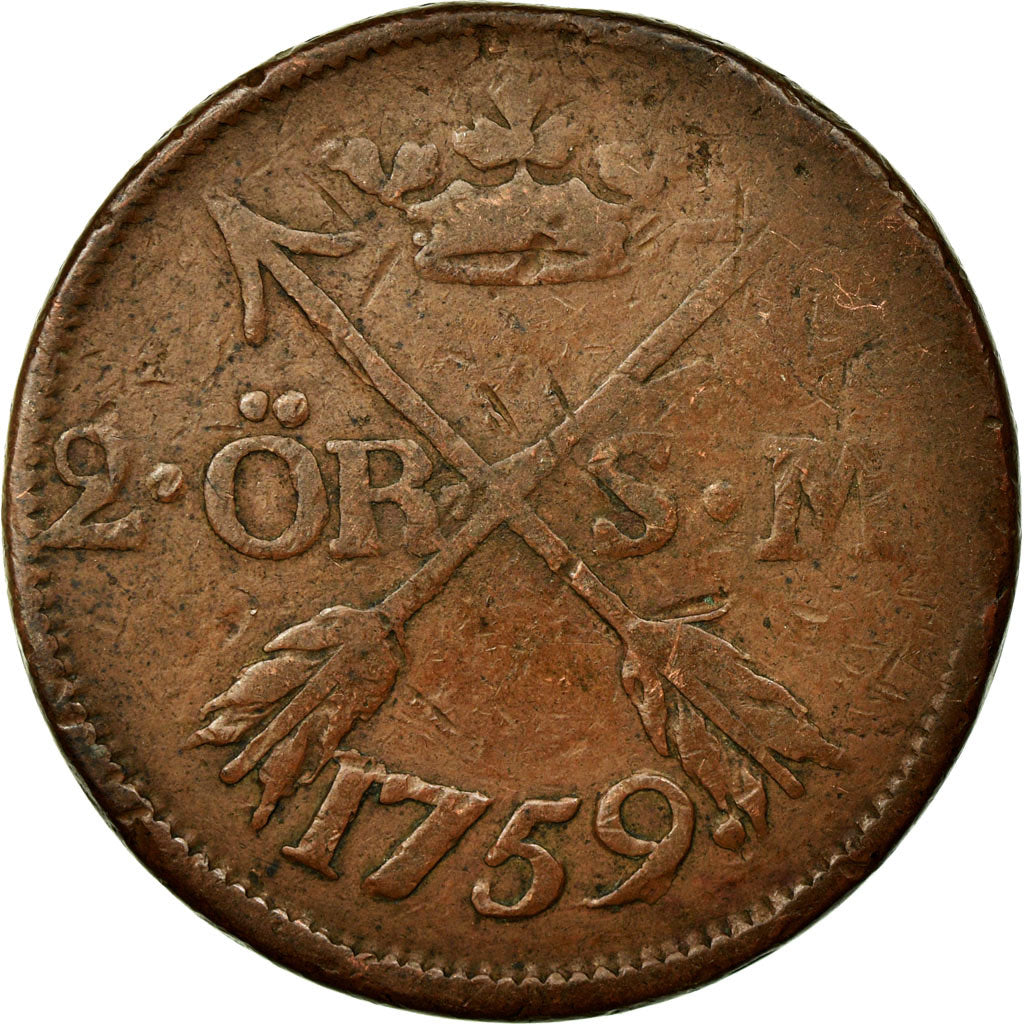 Moneta, Svezia, Adolf Frederick, 2 Ore, S.M., 1759, MB+, Rame, KM:461