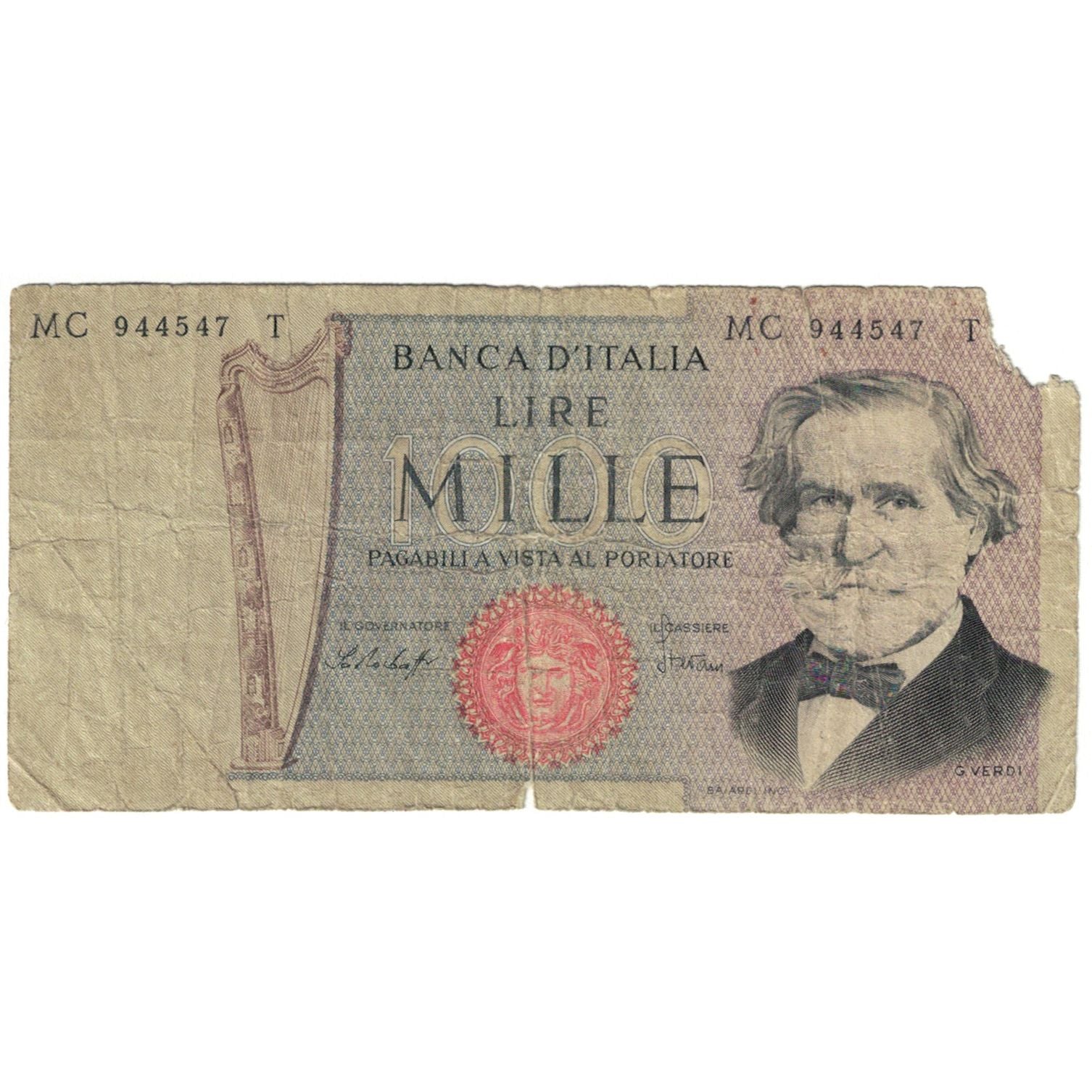 Biljet, Italië, 1000 Lire, KM:101a, AB