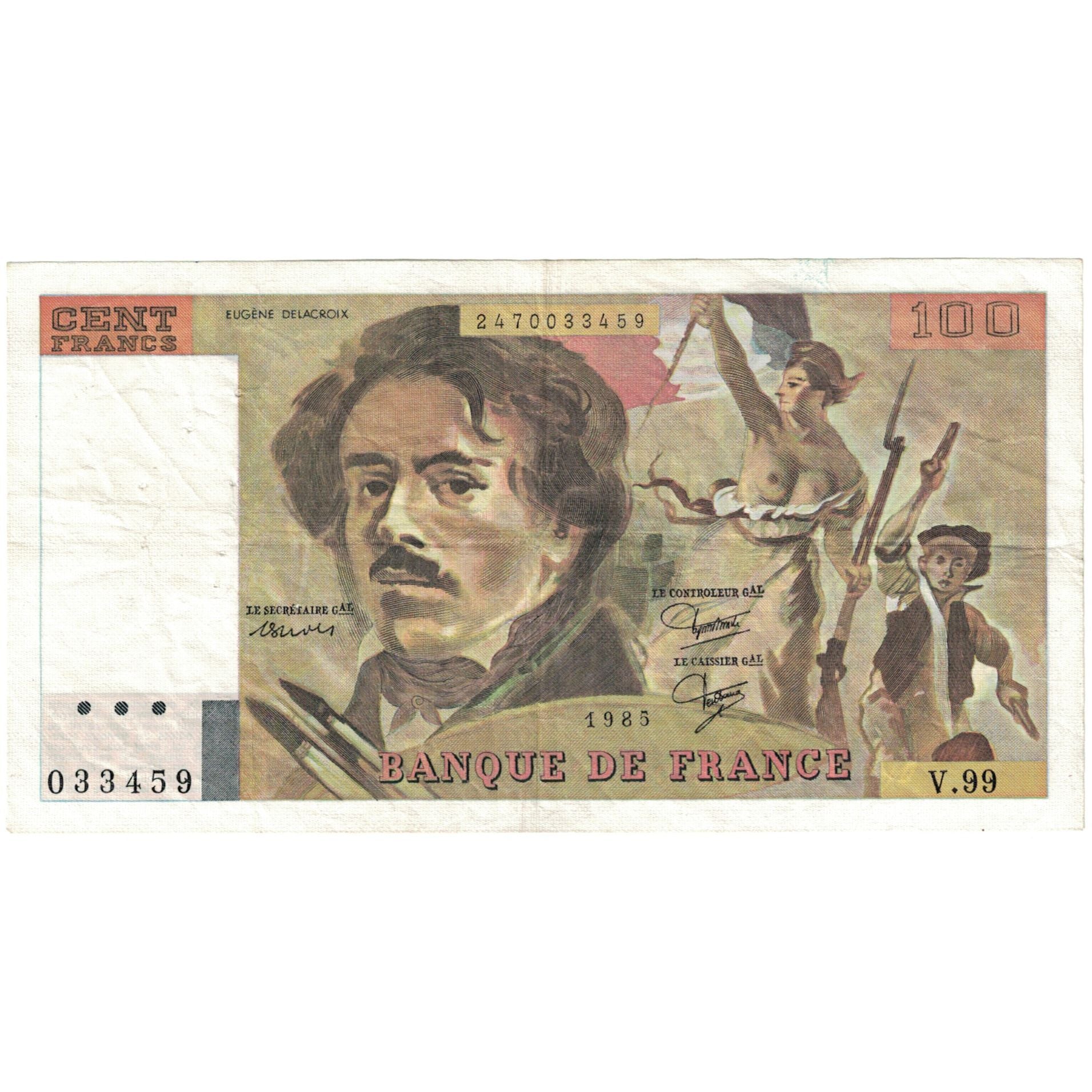 France, 100 Francs, Delacroix, 1985, V.99, TB, Fayette:69.09, KM:154b