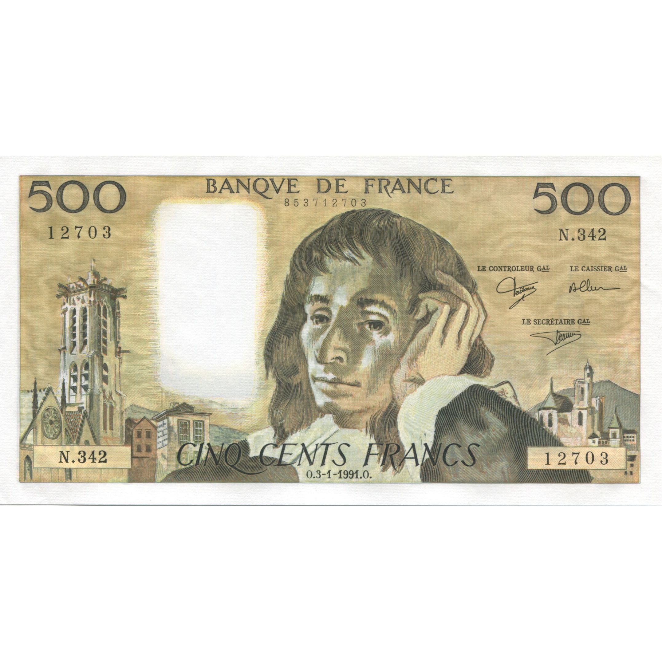 Francja, 500 Francs, Pascal, 1991, N.342, UNC(65-70), Fayette:71.46, KM:156g