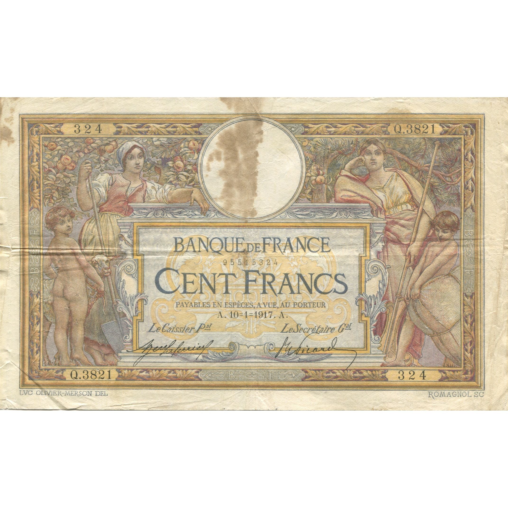 France, 100 Francs, Luc Olivier Merson, 1917, Q.3821, VF(20-25), Fayette:23.9