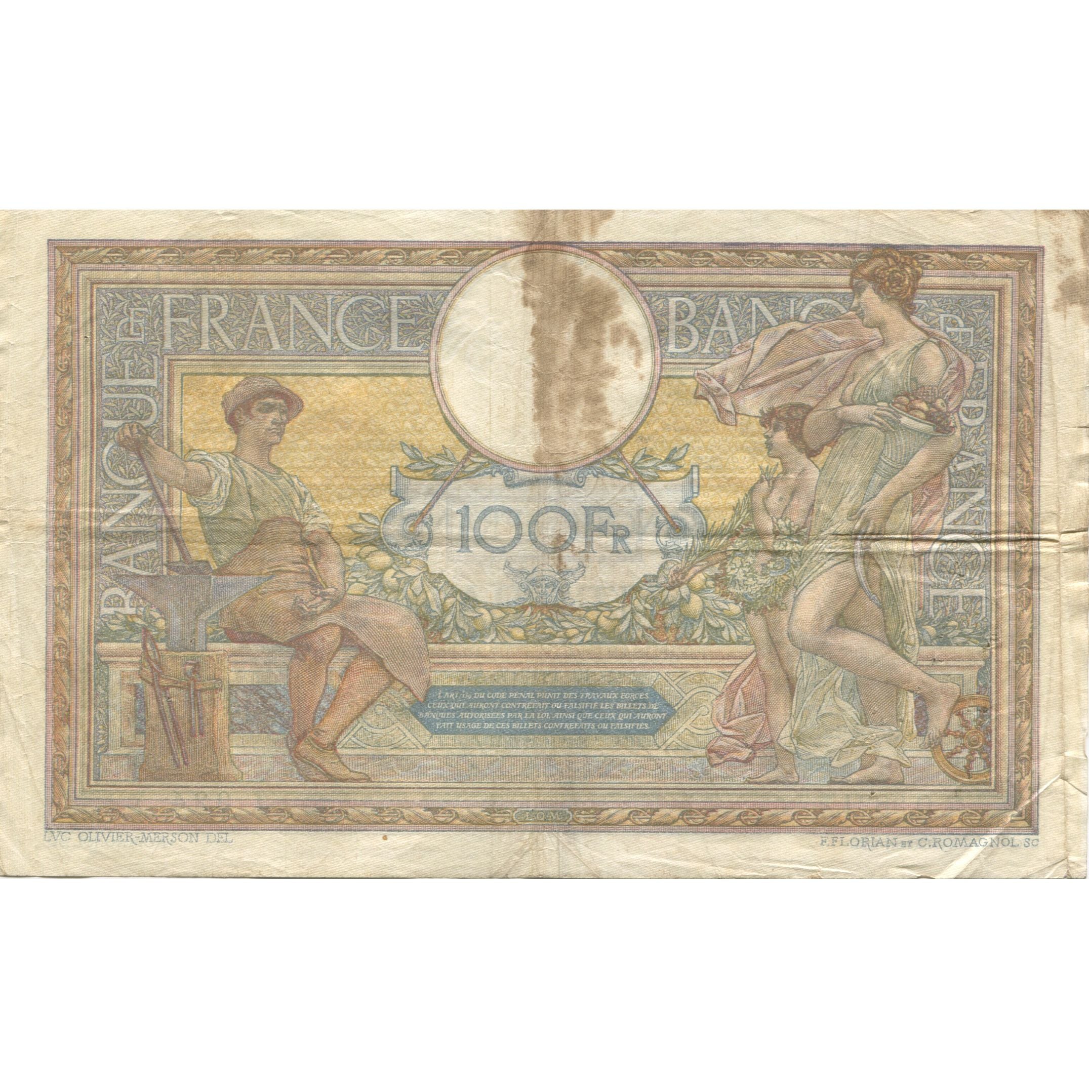 France, 100 Francs, Luc Olivier Merson, 1917, Q.3821, VF(20-25), Fayette:23.9