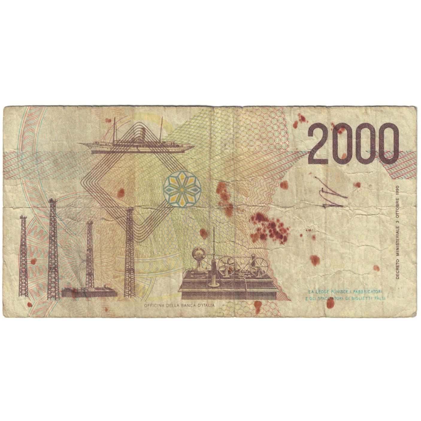 Banknote, Italy, 2000 Lire, D.1990, KM:115, VG(8-10)