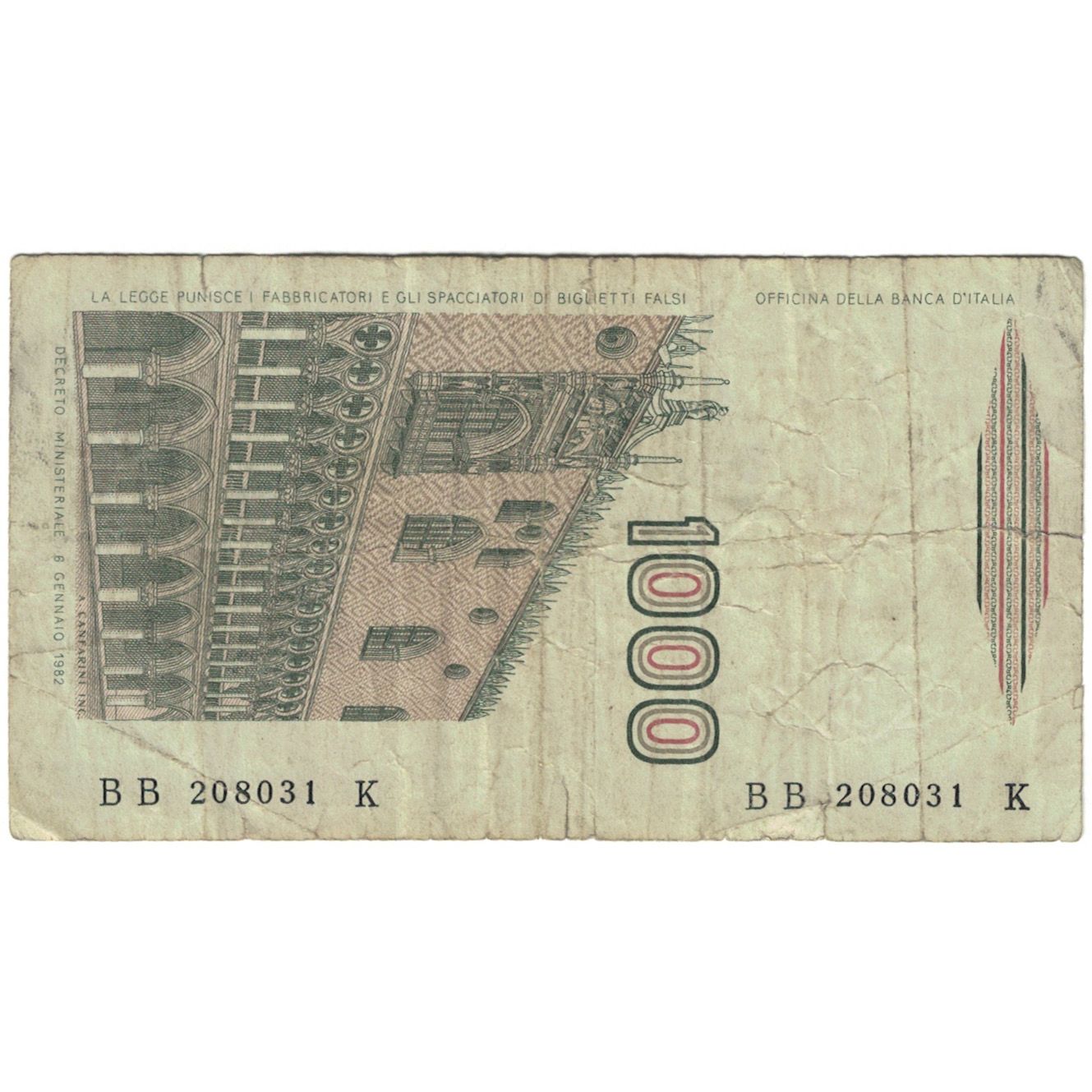 Banknot, Włochy, 1000 Lire, Undated (1982), KM:109a, VG(8-10)