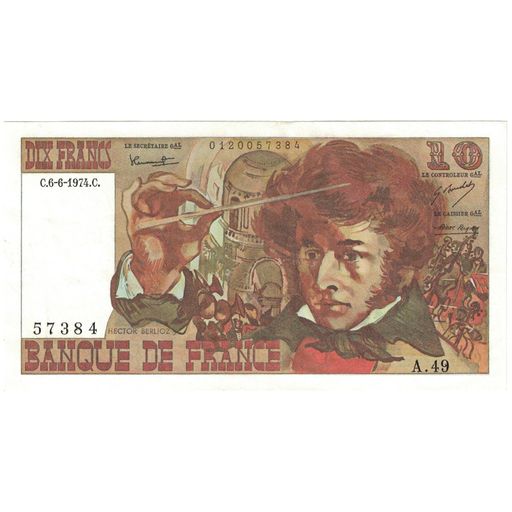 Francja, 10 Francs, Berlioz, 1974, A.49, AU(55-58), Fayette:63.5, KM:150a
