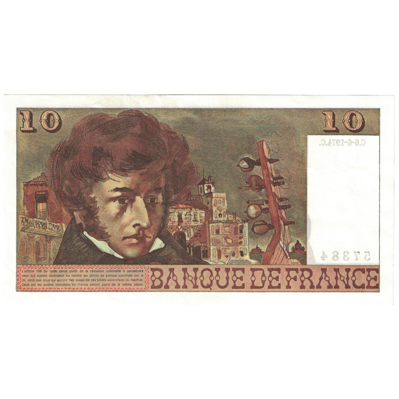 Francja, 10 Francs, Berlioz, 1974, A.49, AU(55-58), Fayette:63.5, KM:150a