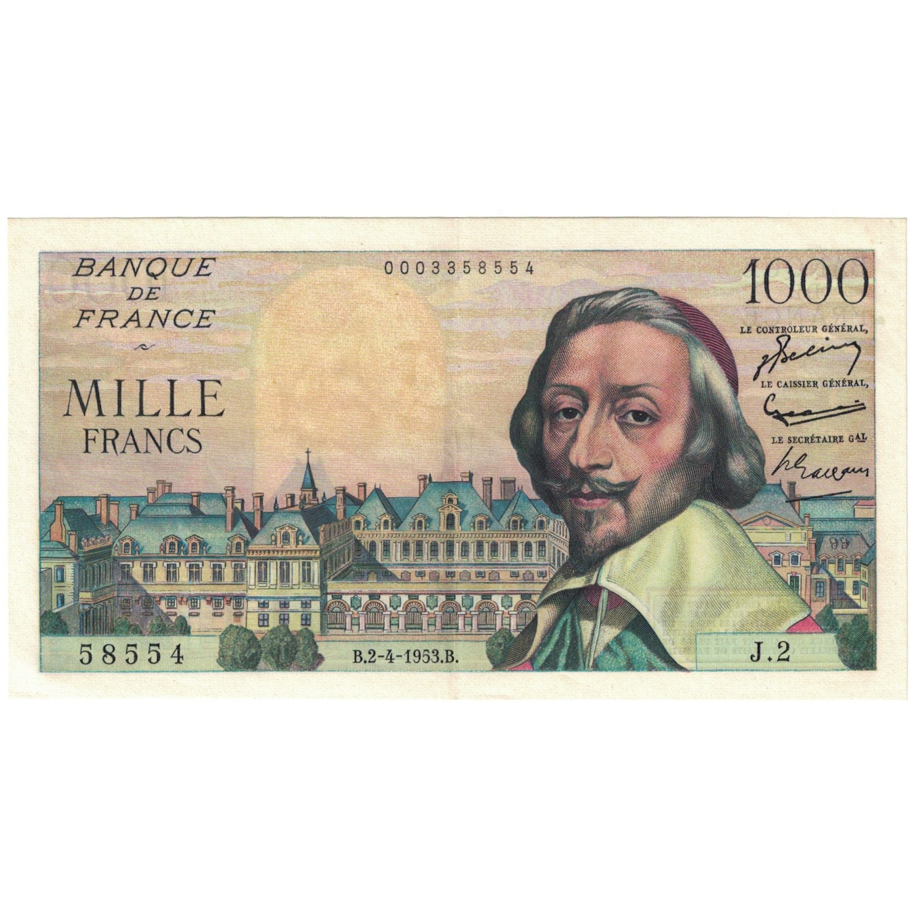 Frankreich, 1000 Francs, Richelieu, 1953, J.2, VZ+, Fayette:VF 42.1, KM:134a