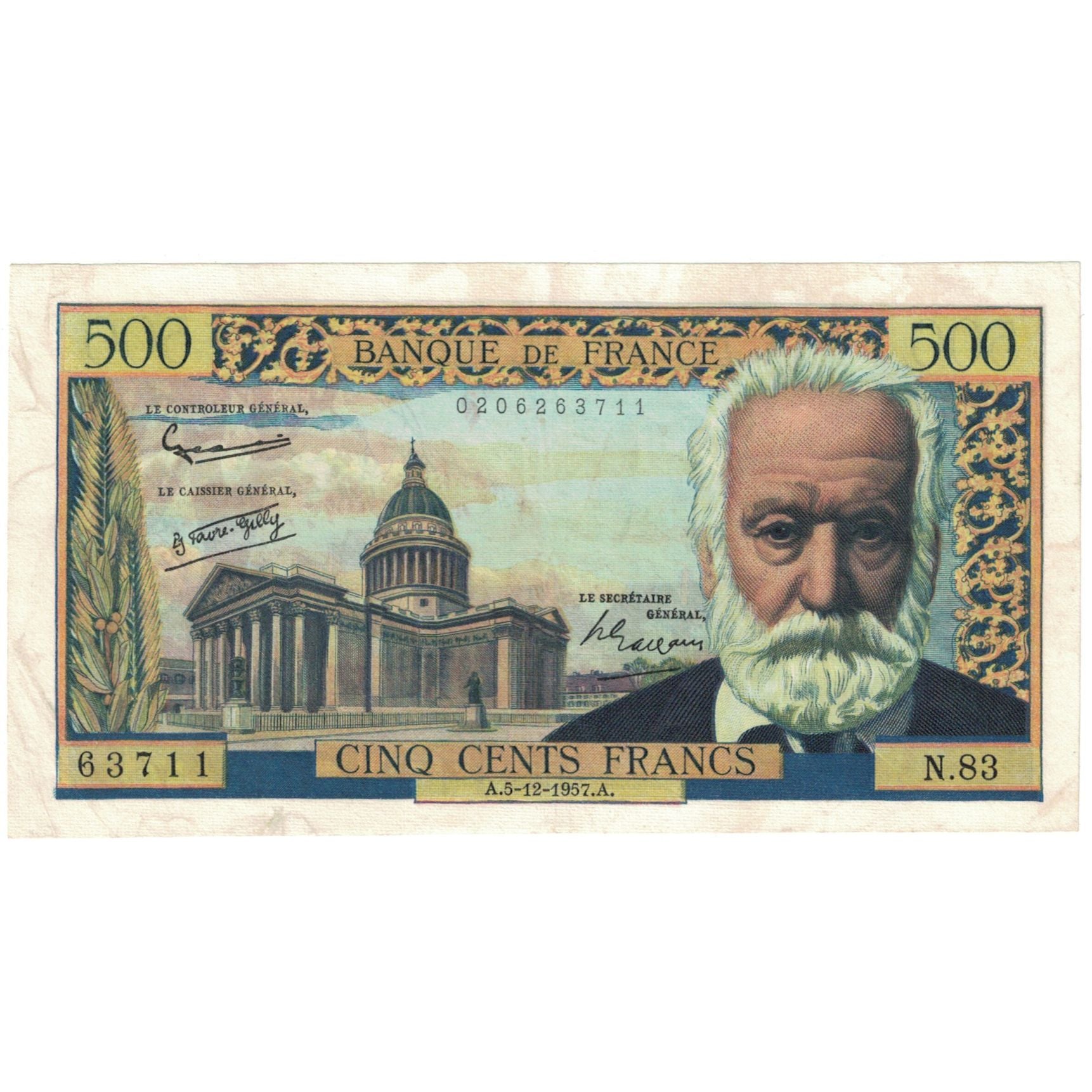 France, 500 Francs, Victor Hugo, 1957, N.83, EF(40-45), Fayette:35.7, KM:133b