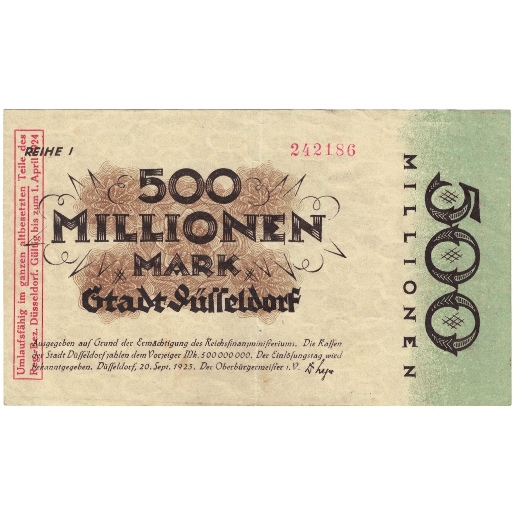Banconote, Germania, 500 Millionen Mark, Texte, 1923, 1923-09-20, BB