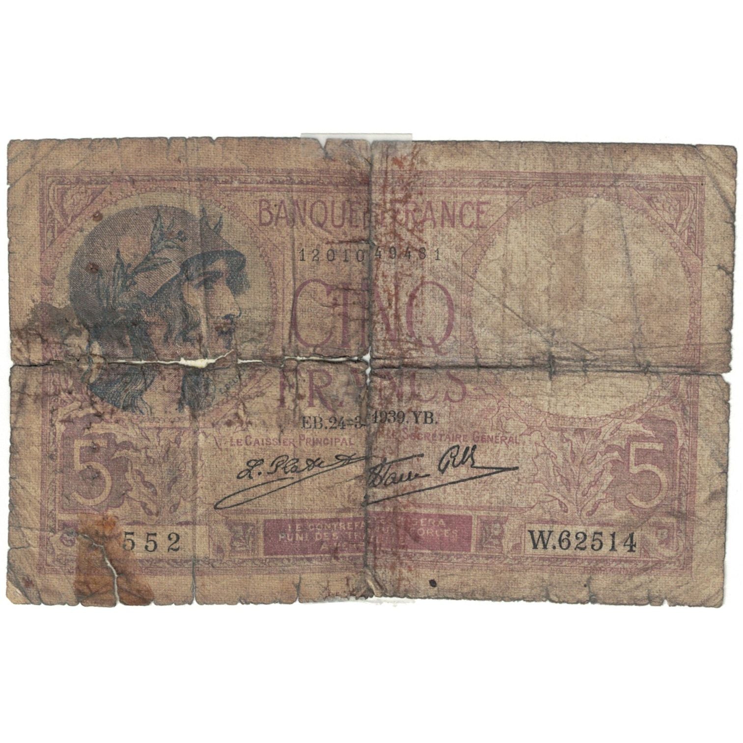 France, 5 Francs, 1939,Violet, W.62514, AG(1-3), Fayette:04.07, KM:83