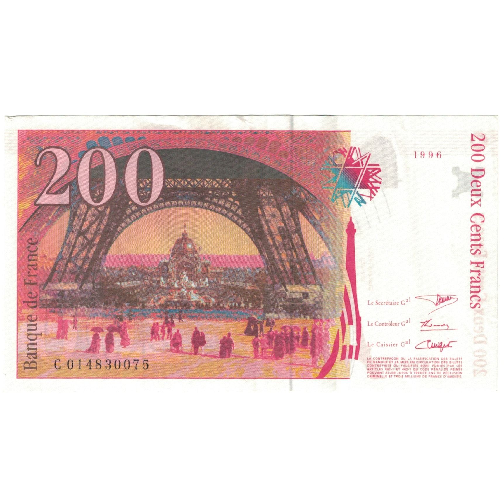 Francja, 200 Francs, 1996, C014830075, AU(55-58), Fayette:75.2, KM:159a