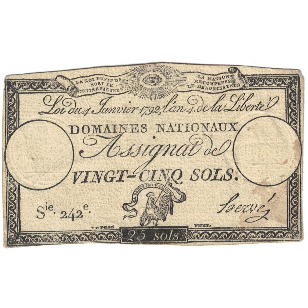 Francia, 25 Sols, Serie 242, BC+, Fayette:ASS.25A, KM:A55