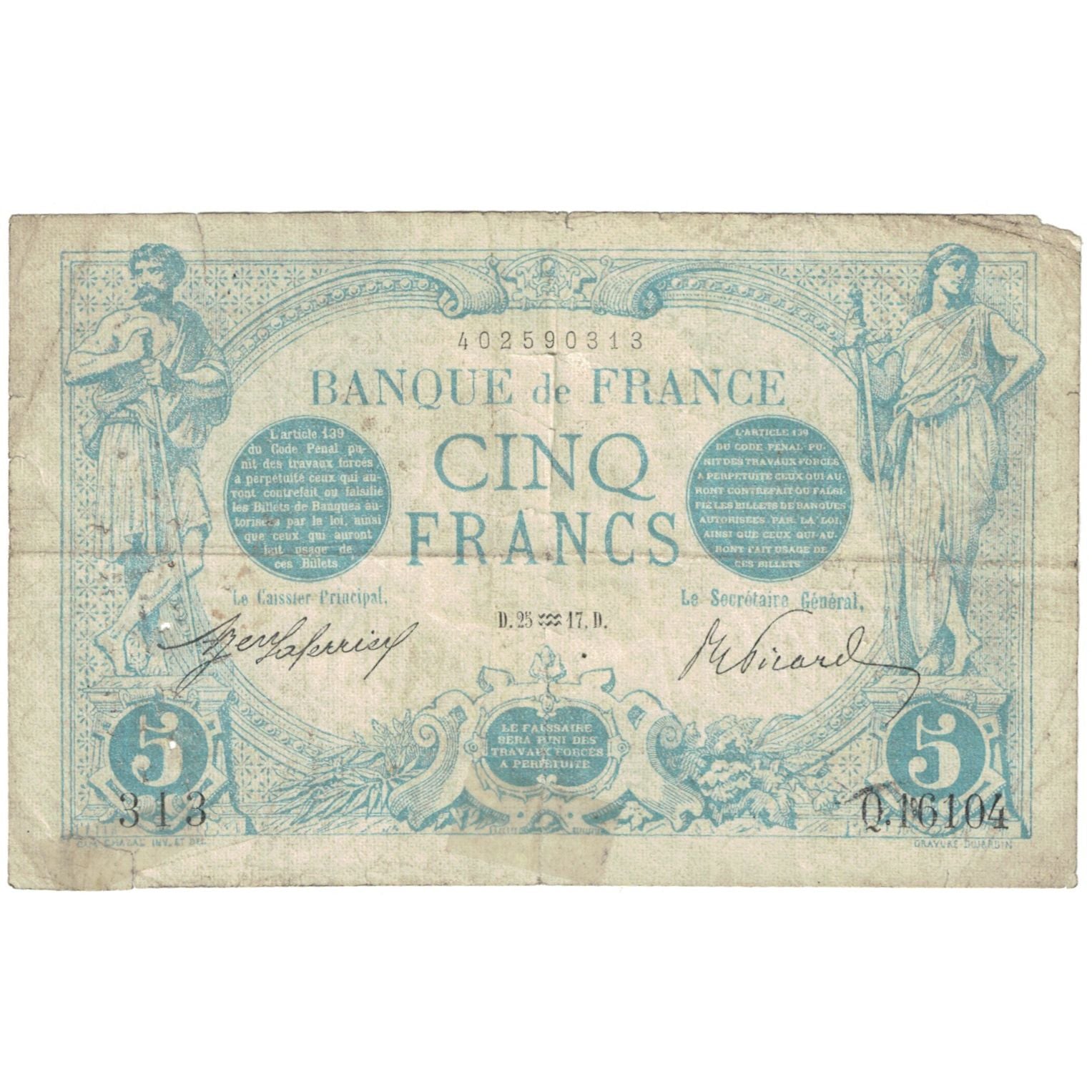 Frankreich, 5 Francs, Bleu, 1917, Q.16104, SGE+, Fayette:02.47, KM:70