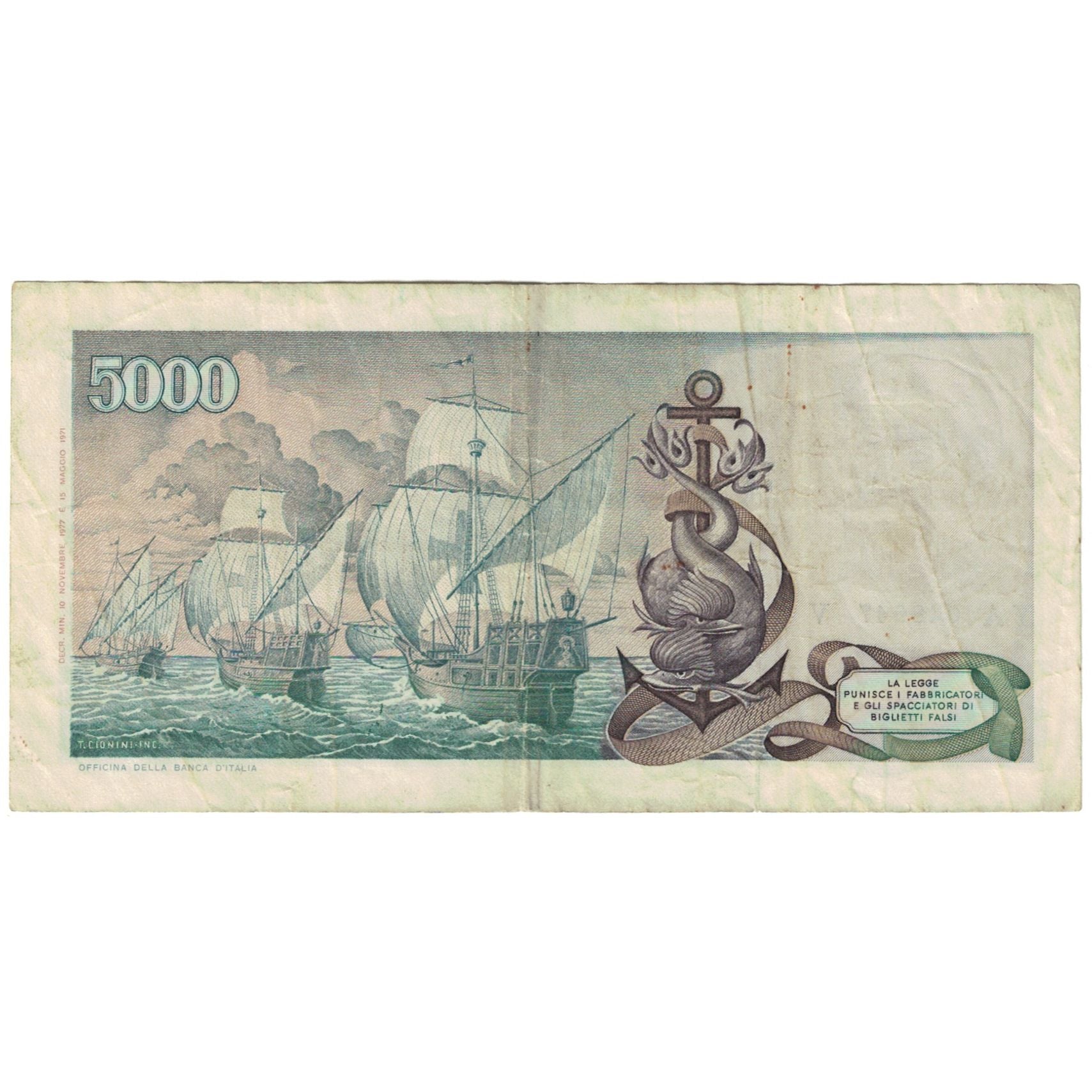 Nota, Itália, 5000 Lire, 1977, 1977-11-10, KM:102c, VF(30-35)