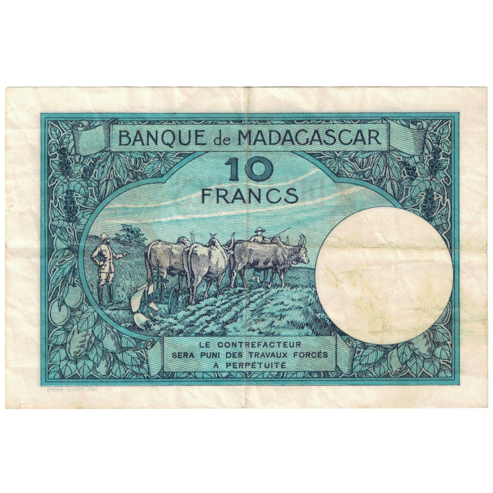Banknote, Madagascar, 10 Francs, 1937, KM:36, VF(30-35)