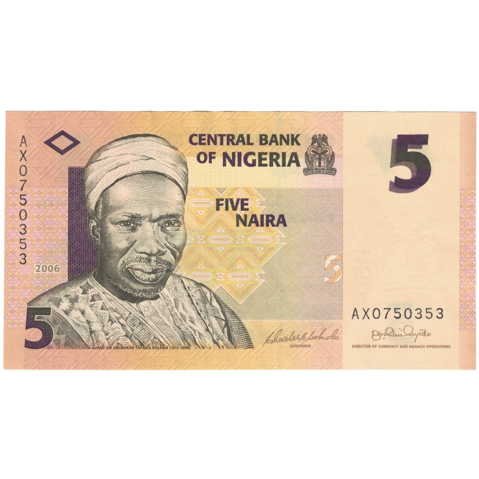 Banknote, Nigeria, 5 Naira, 2006-2008, 2006, KM:32a, UNC(65-70)