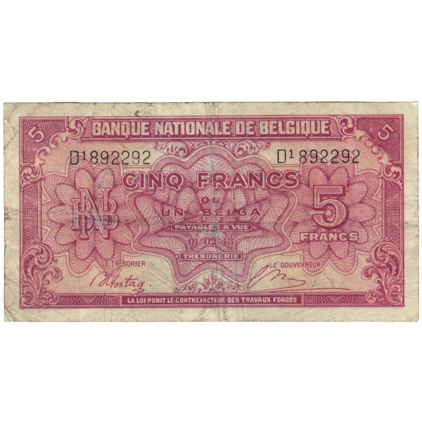 Banknote, Belgium, 5 Francs-1 Belga, 1943, 1943-02-01, KM:121, VF(20-25)