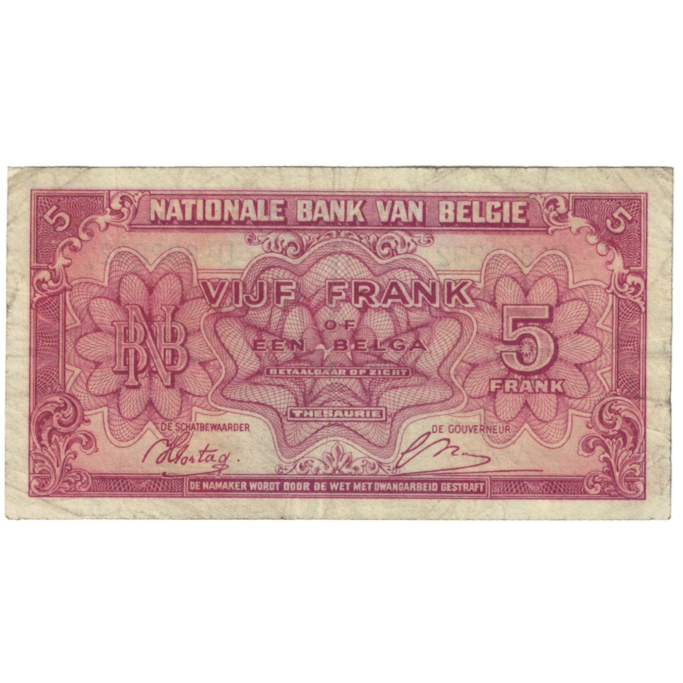 Banknote, Belgium, 5 Francs-1 Belga, 1943, 1943-02-01, KM:121, VF(20-25)