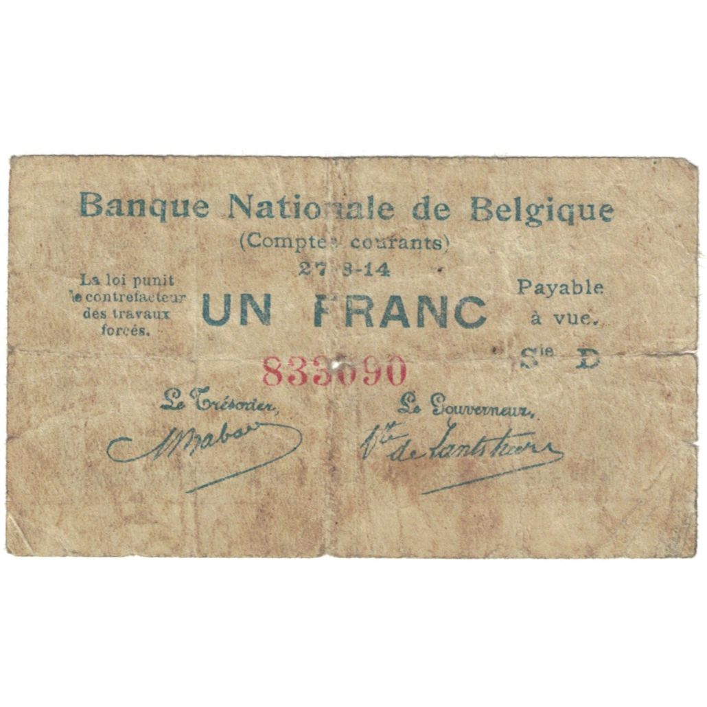 Biljet, België, 1 Franc, 1914, 1914-08-27, KM:81, TB