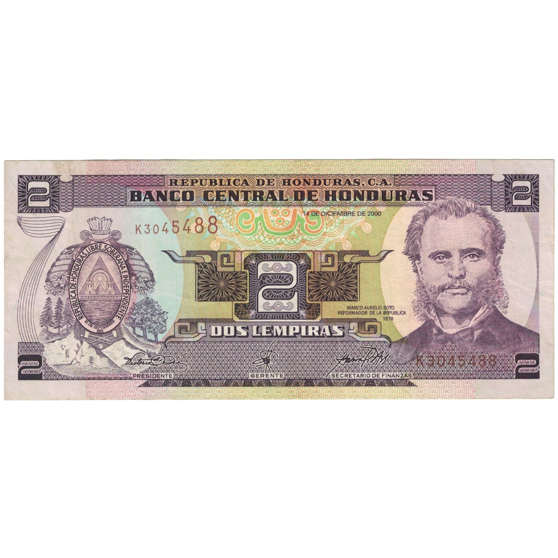 Nota, Honduras, 2 Lempiras, 2000, 2000-12-14, KM:80Ab, VF(20-25)