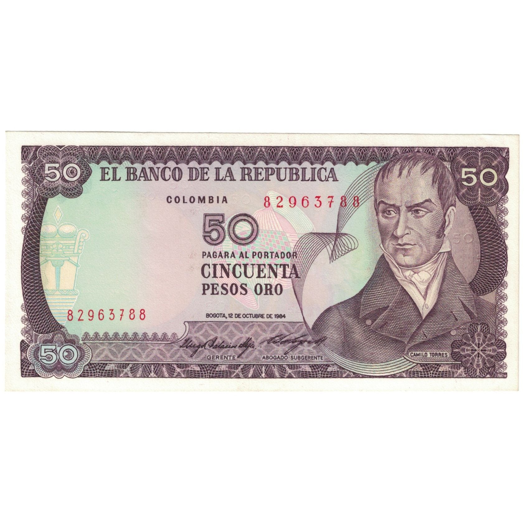 Biljet, Colombia, 50 Pesos Oro, 1984-1986, 1984-10-12, KM:425a, SUP