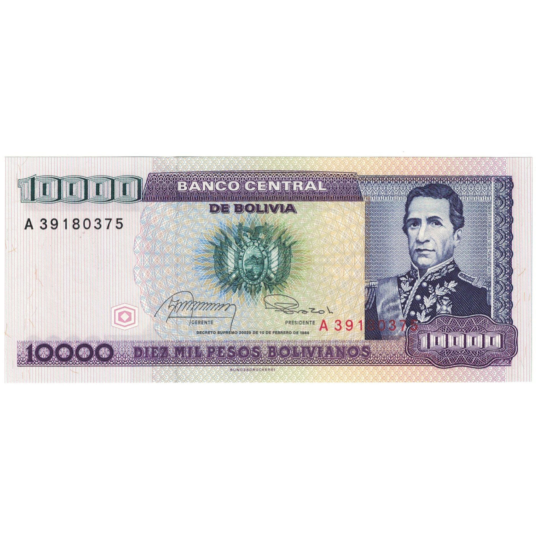Banknote, Bolivia, 10,000 Pesos Bolivianos, D.1984, 1984-02-10, KM:169a