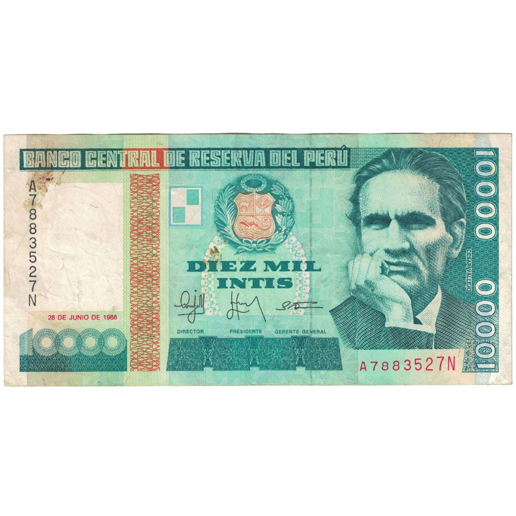 Biljet, Peru, 10,000 Intis, 1988-06-28, KM:141, TB