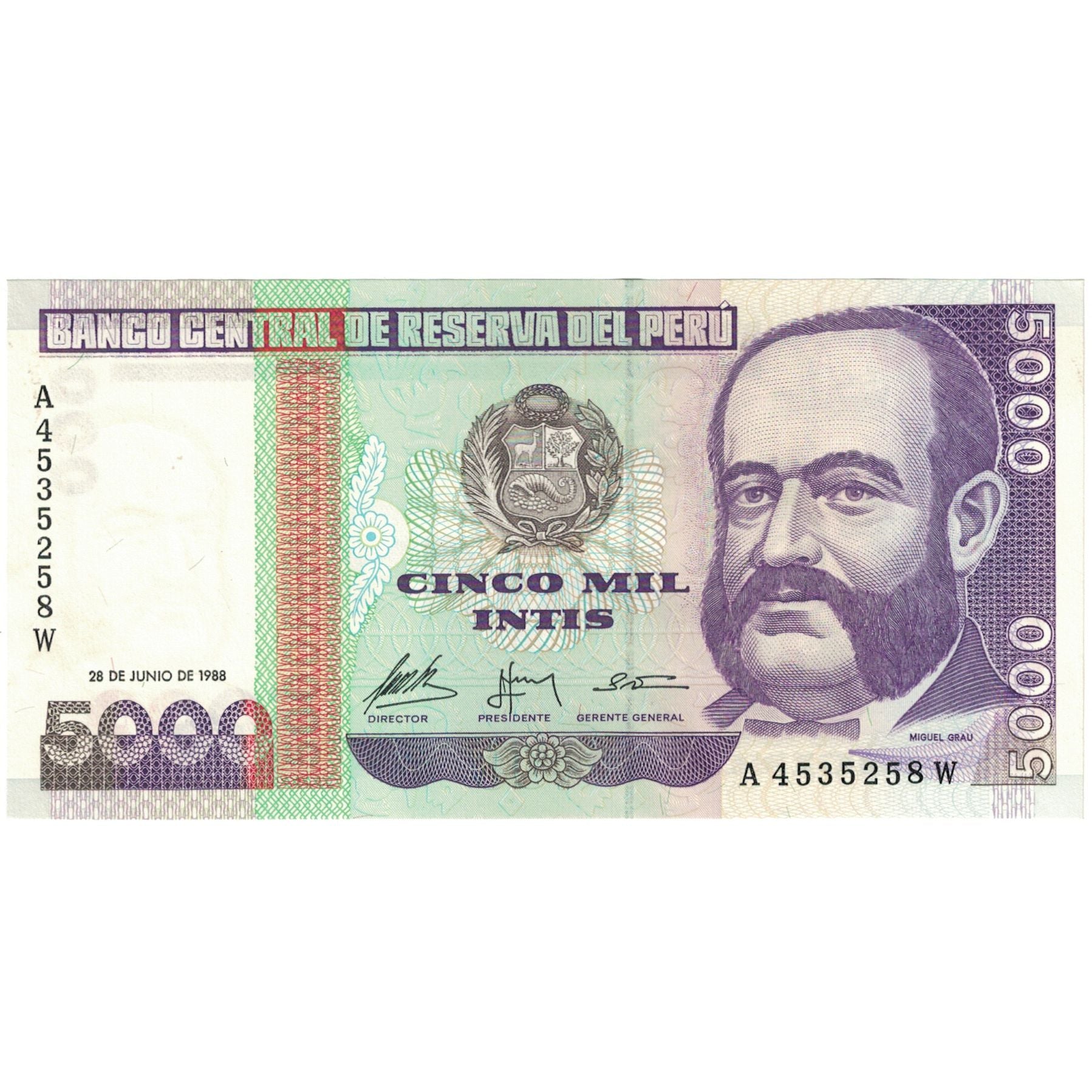 Biljet, Peru, 5000 Intis, 1988-06-28, KM:137, NIEUW