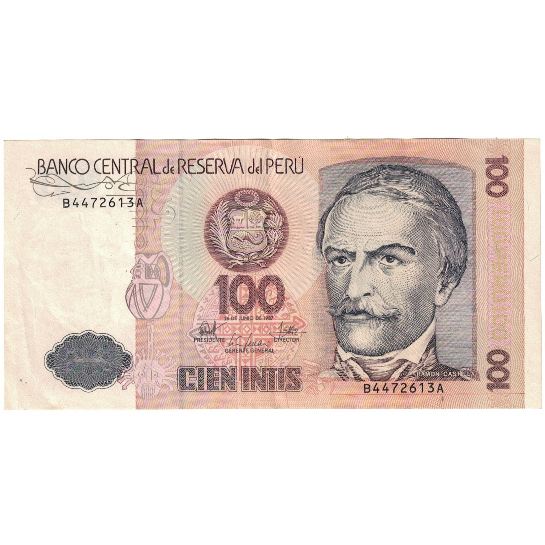 Biljet, Peru, 100 Intis, 1987-06-26, KM:133, TTB