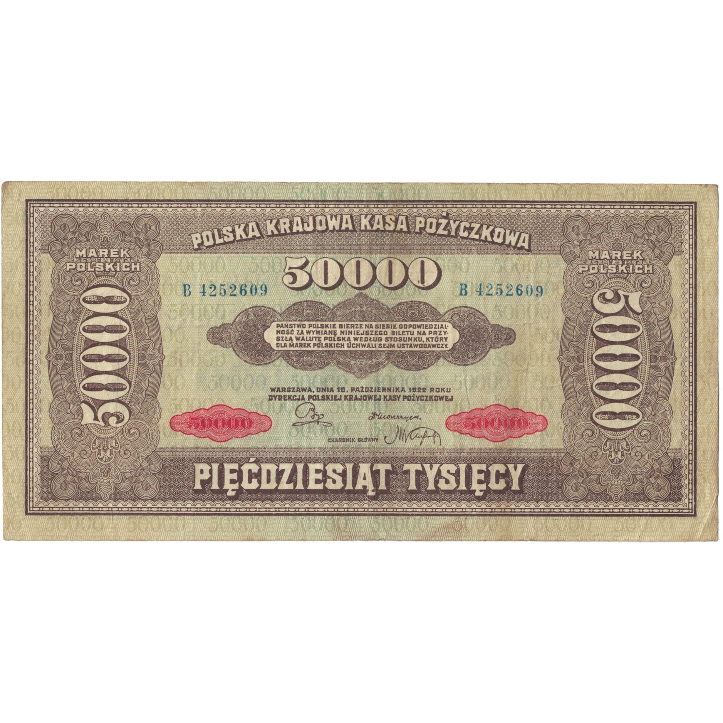Nota, Polónia, 50,000 Marek, 1922-1923, 1922-10-10, KM:33, EF(40-45)