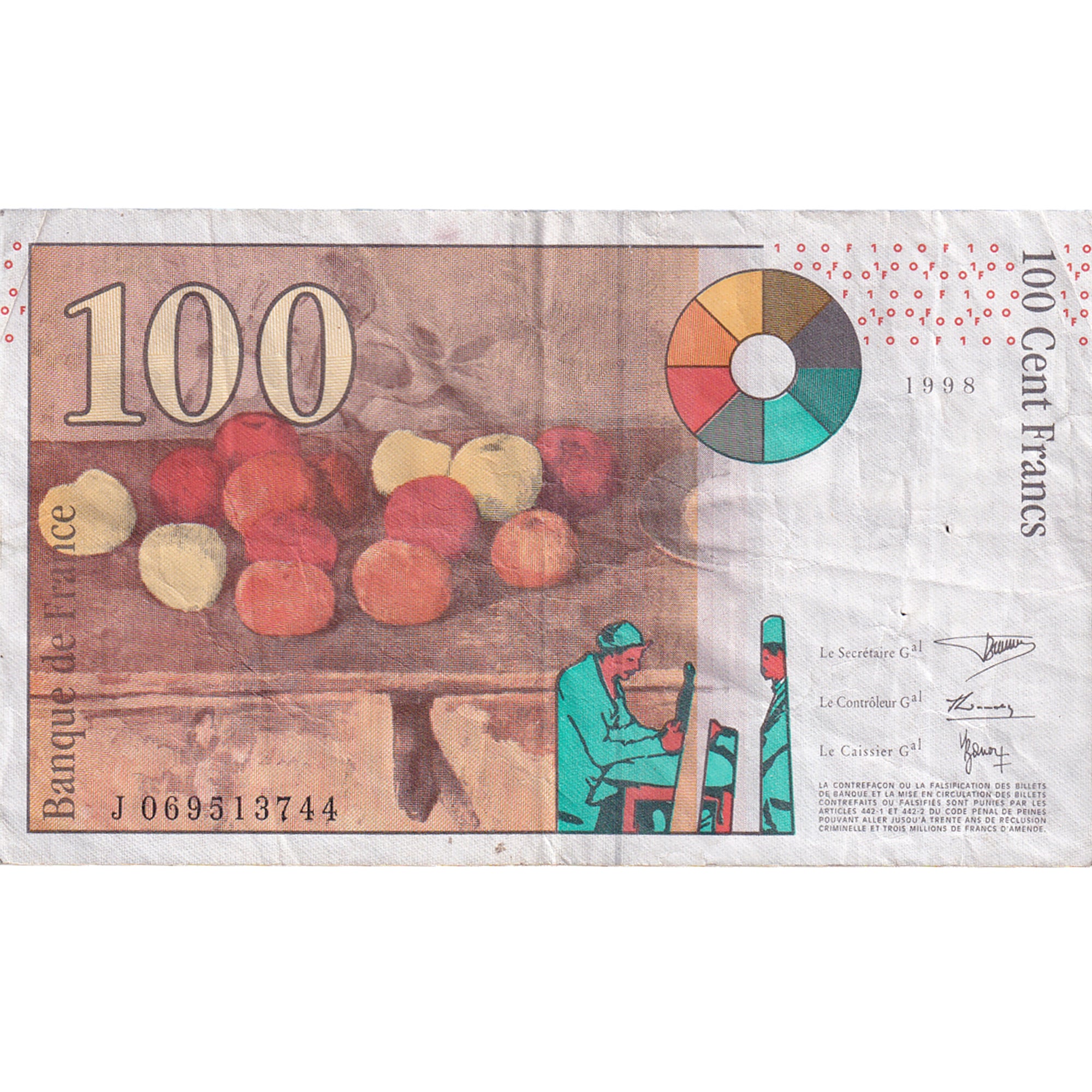 Francia, 100 Francs, Cézanne, 1998, J069513744, BC, Fayette:74.2, KM:158a