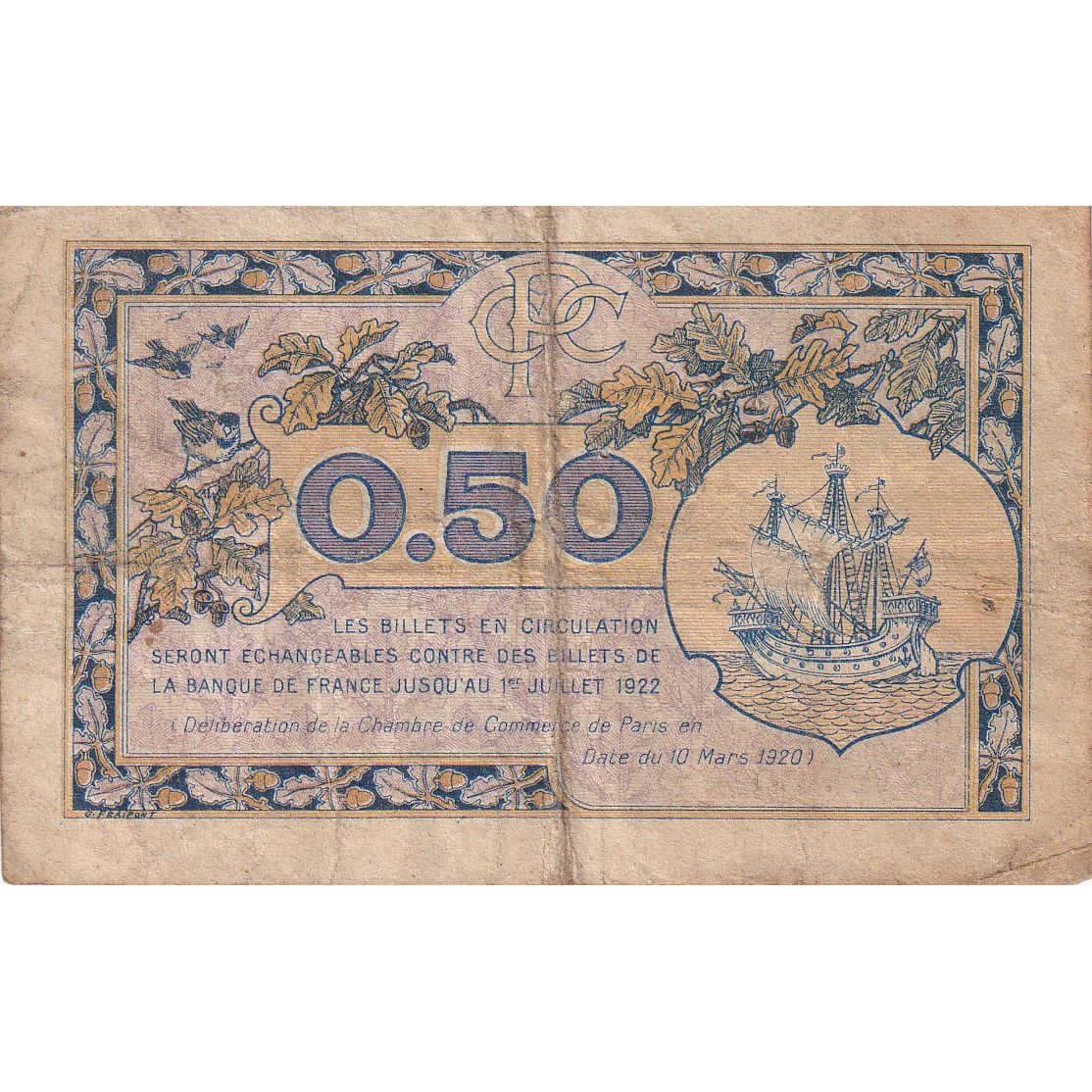 França, Paris, 50 Centimes, 1920, VG(8-10)
