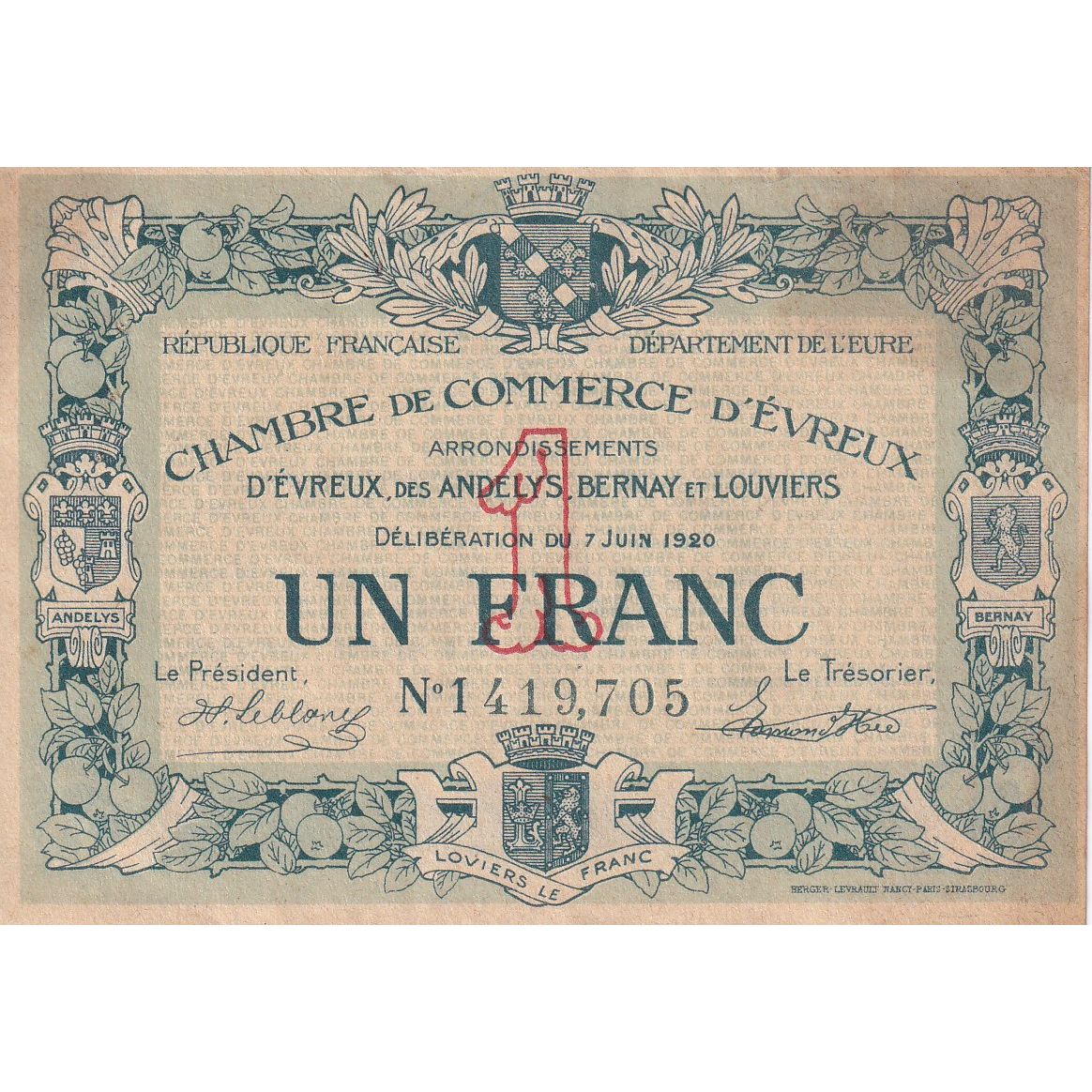 Francia, Evreux, 1 Franc, 1920, Chambre de Commerce, BB, Pirot:57-17