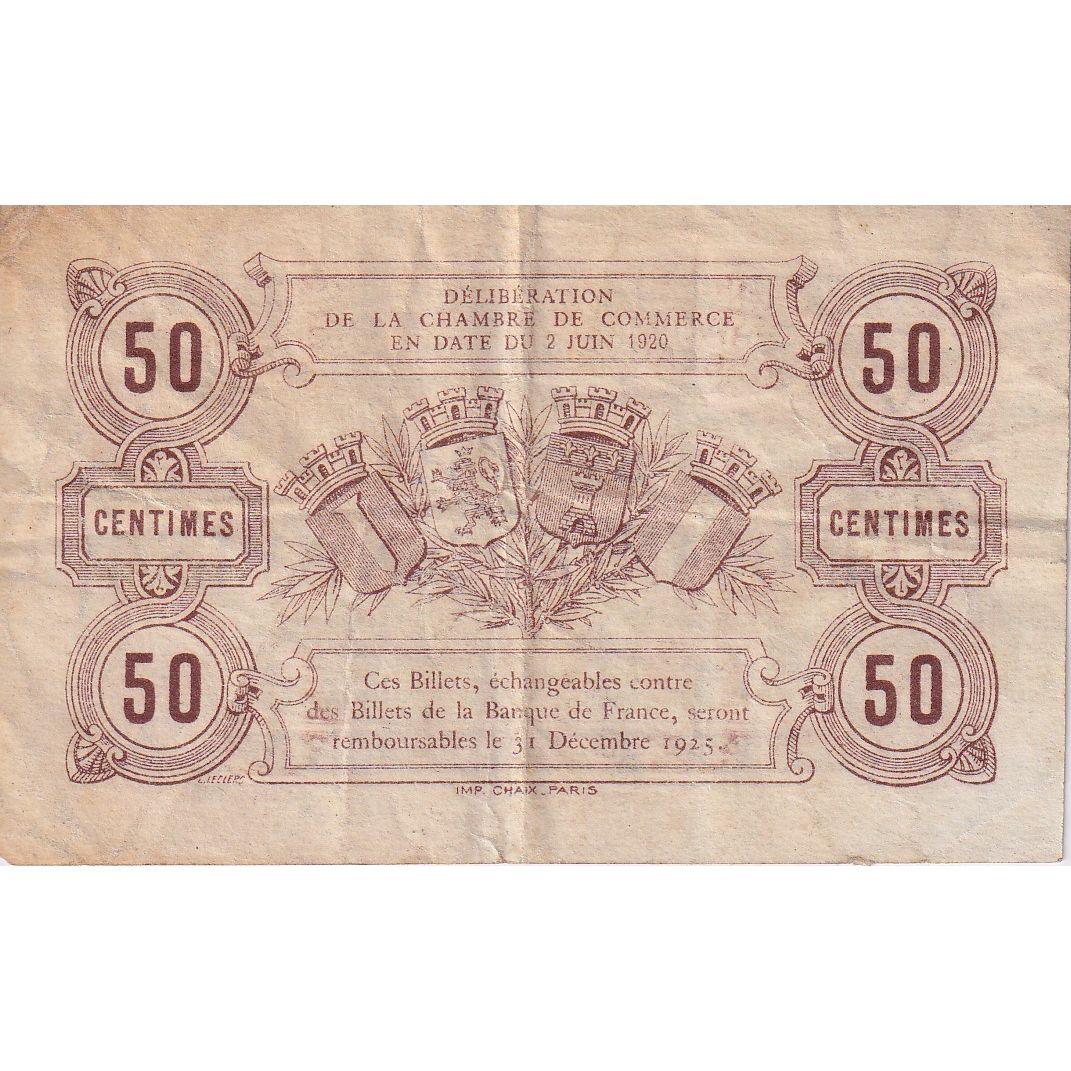 Banconote, Pirot:22-1, MB+, Beauvais, 50 Centimes, 1920, Francia