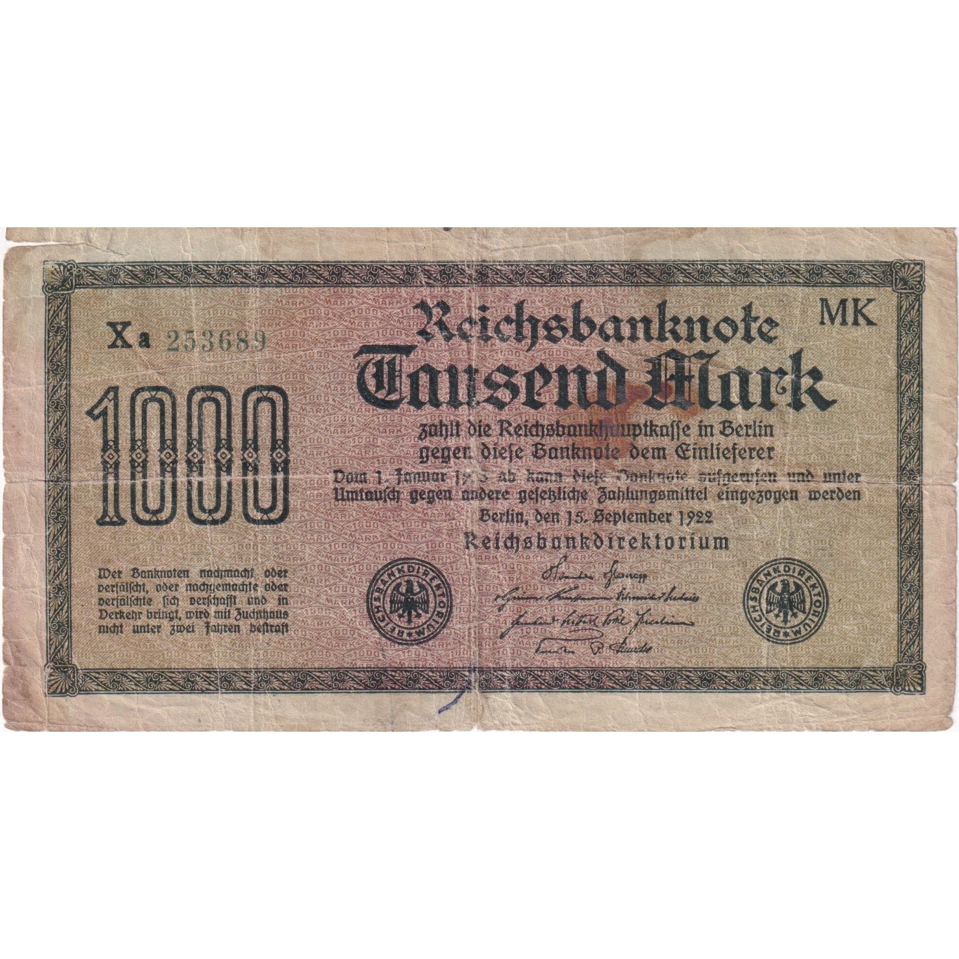 Banknot, Niemcy, 1000 Mark, 1922, 1922-09-15, KM:76b, VG(8-10)