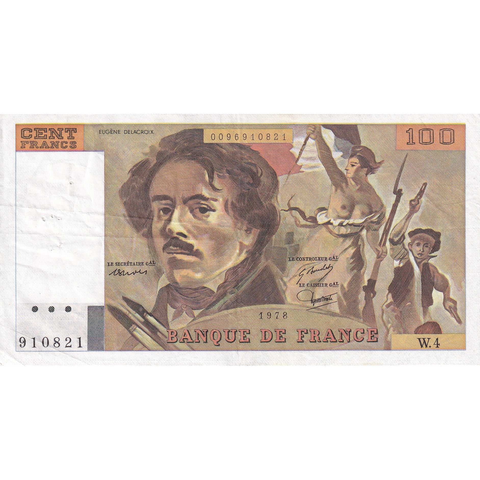 França, 100 Francs, Delacroix, 1978, W.4, VF(30-35), Fayette:69.01c, KM:154a