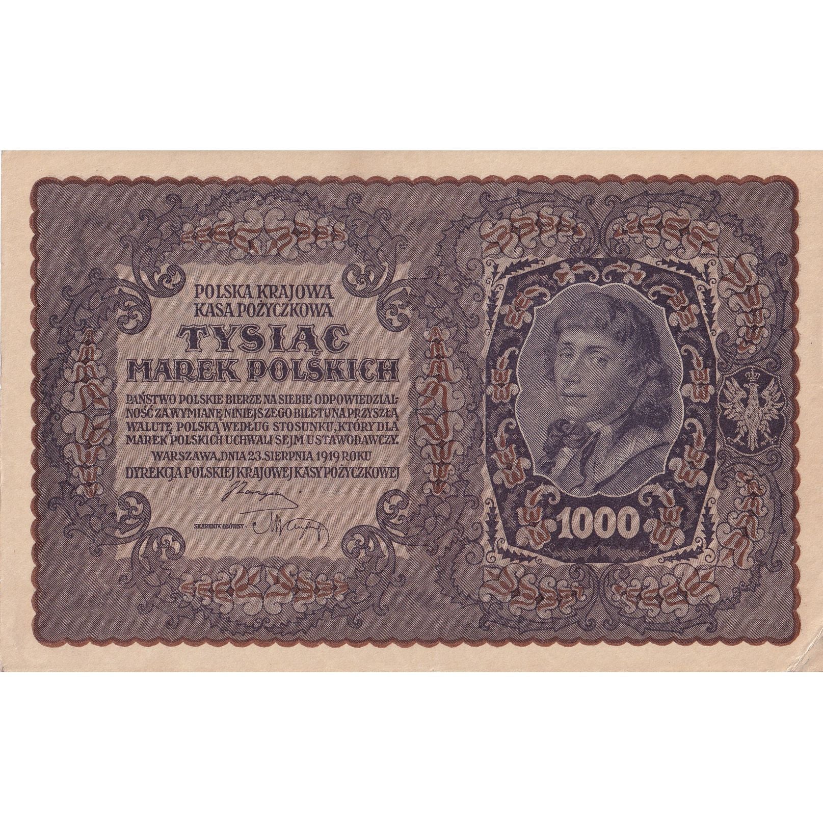 Banknote, Poland, 1000 Marek, 1919, 1919-08-23, KM:29, AU(55-58)