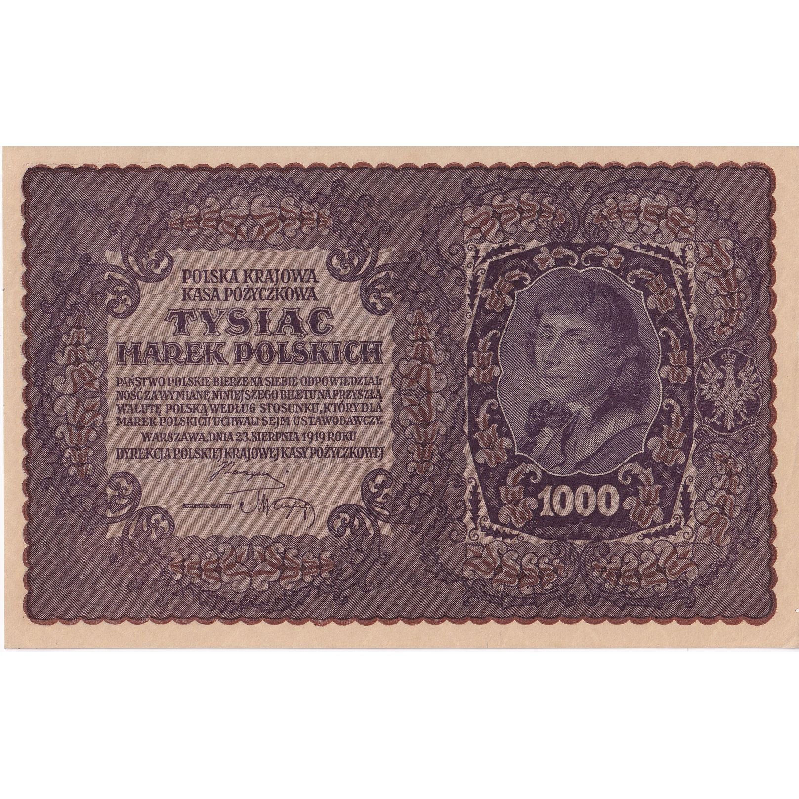 Banknote, Poland, 1000 Marek, 1919, 1919-08-23, KM:29, AU(55-58)