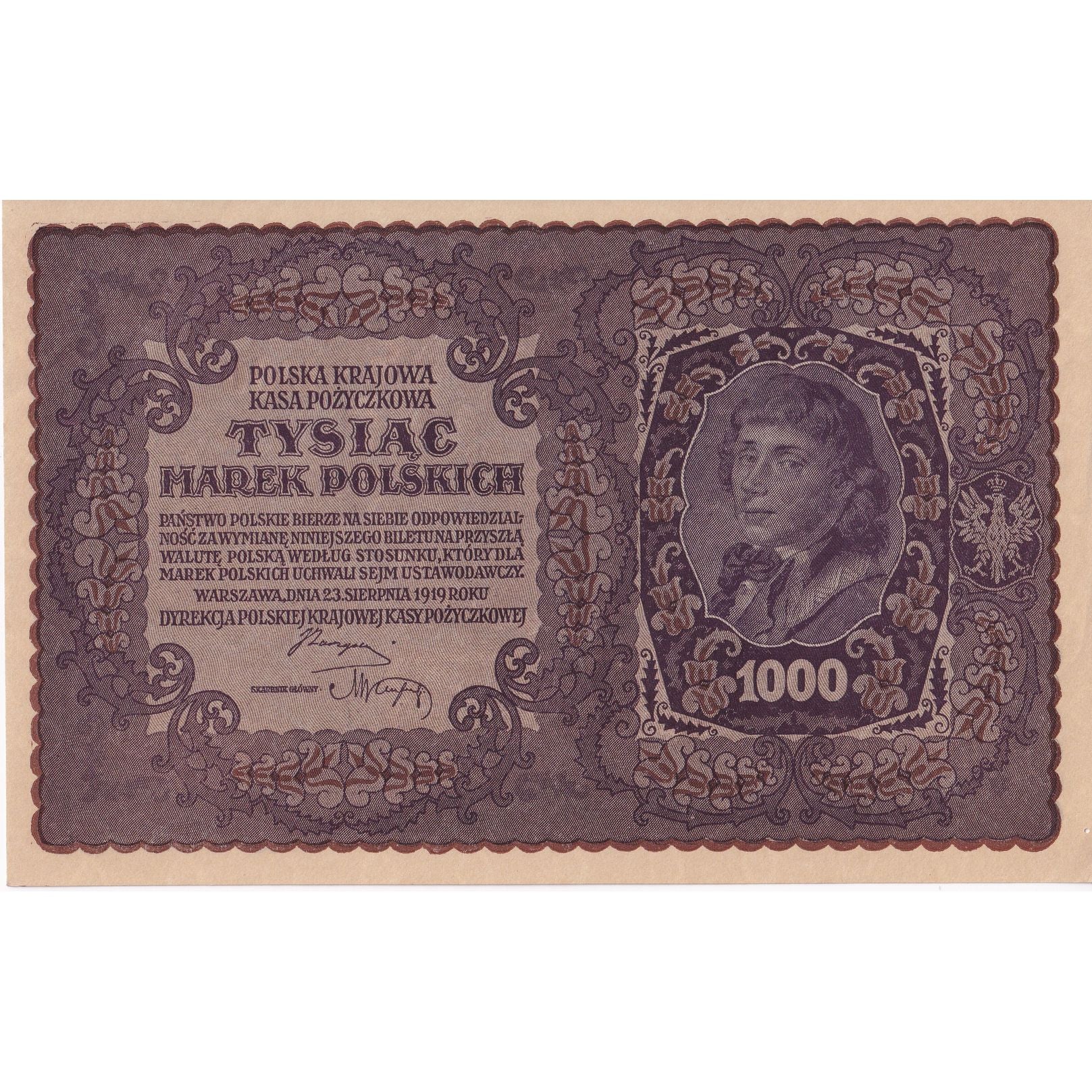 Biljet, Polen, 1000 Marek, 1919, 1919-08-23, KM:29, SUP