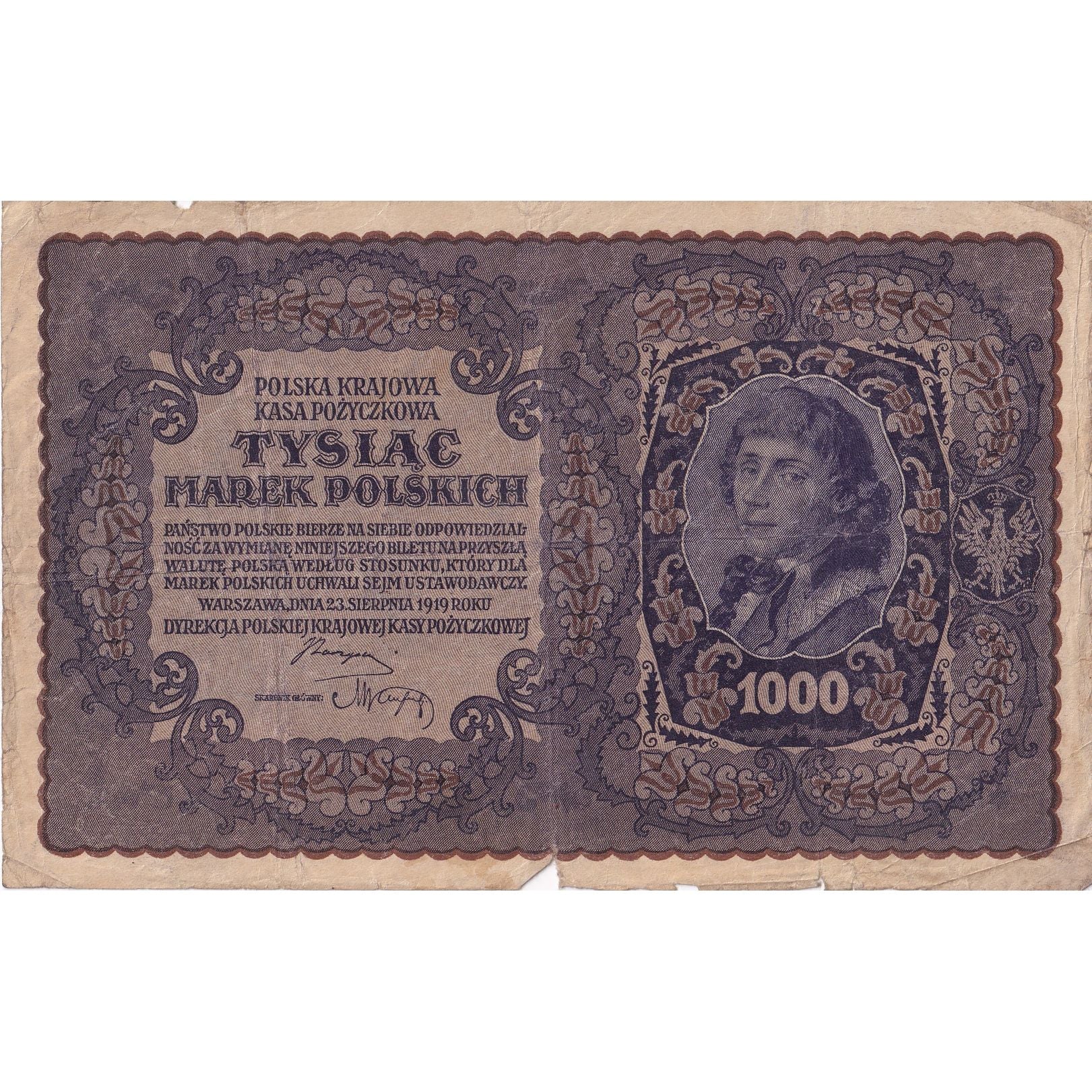 Nota, Polónia, 1000 Marek, 1919, 1919-08-23, KM:29, VG(8-10)