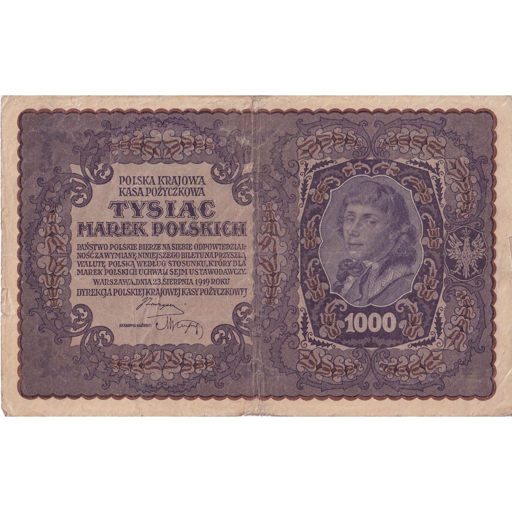Billet, Pologne, 1000 Marek, 1919, 1919-08-23, KM:29, TB+