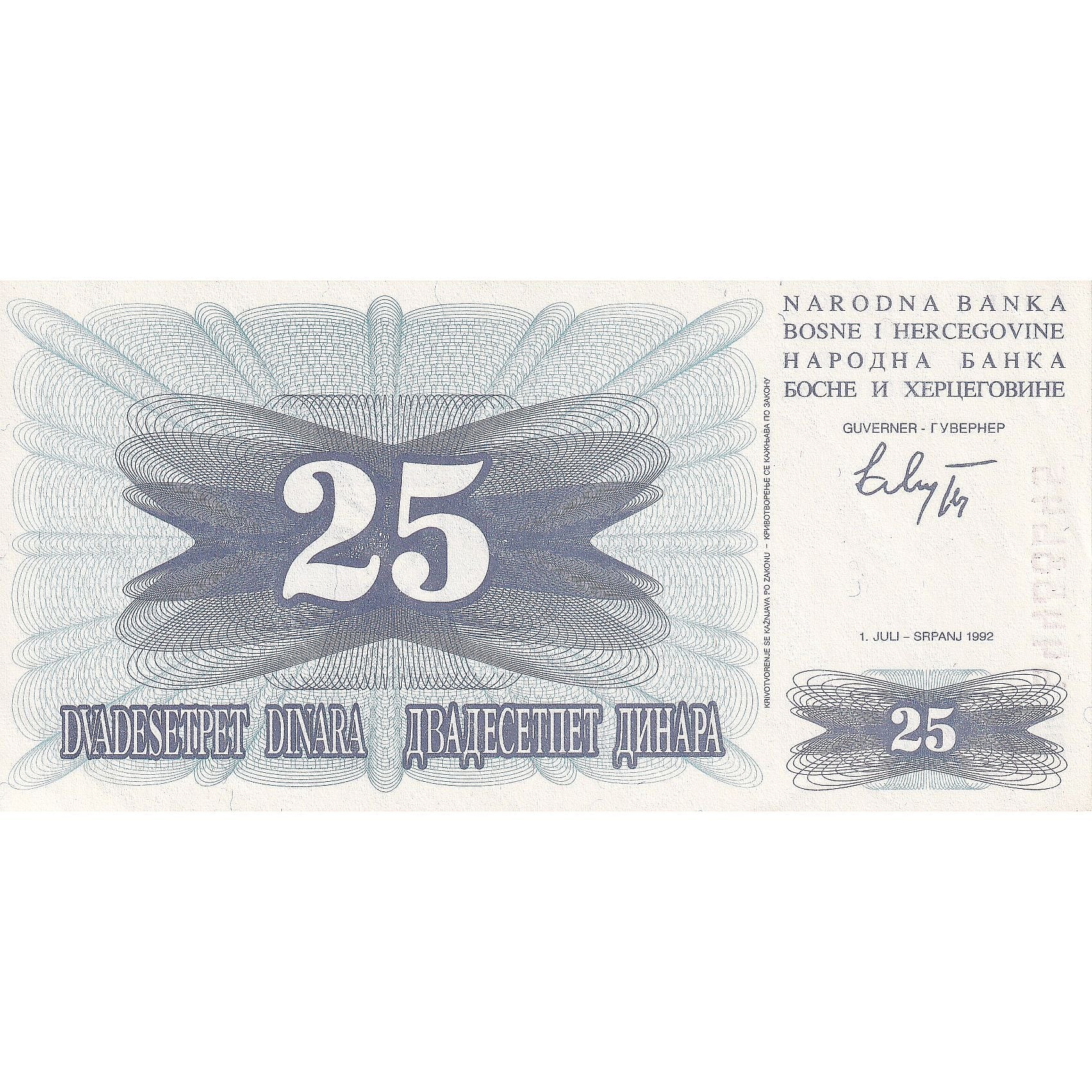 Bosnia - Herzegovina, 25 Dinara, 1992, 1992-07-01, KM:11a, UNC(65-70)