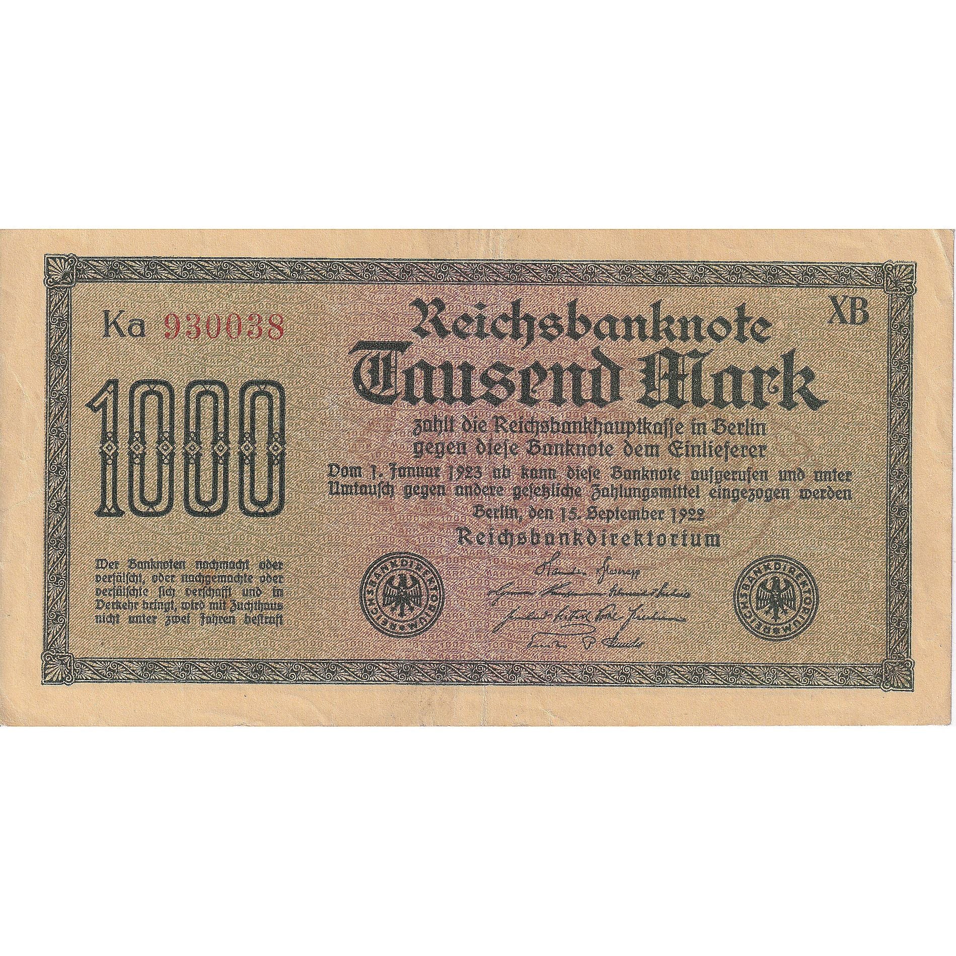 Germania, 1000 Mark, 1922-09-15, KM:76g, BB