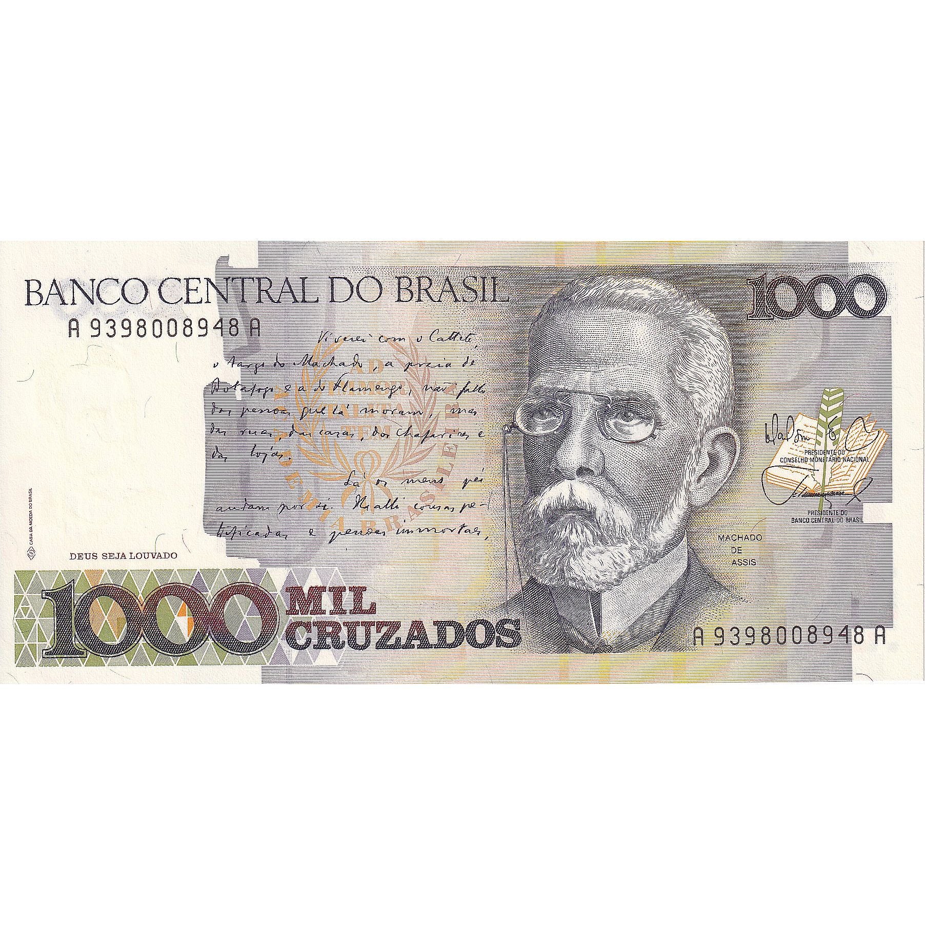 Nota, Brasil, 1000 Cruzados, 1988, KM:213b, UNC(65-70)