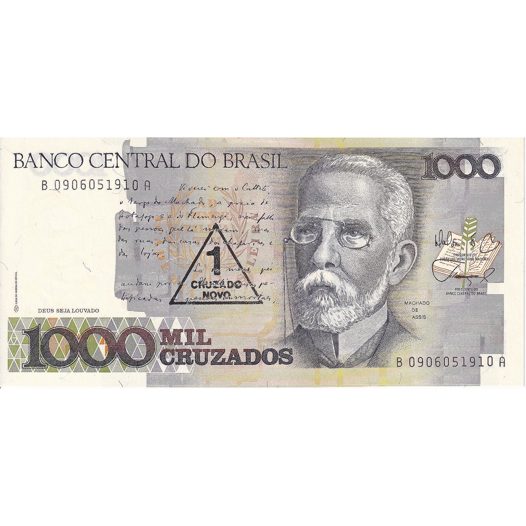 Nota, Brasil, 1 Cruzado Novo on 1000 Cruzados, 1989, KM:216b, UNC(65-70)