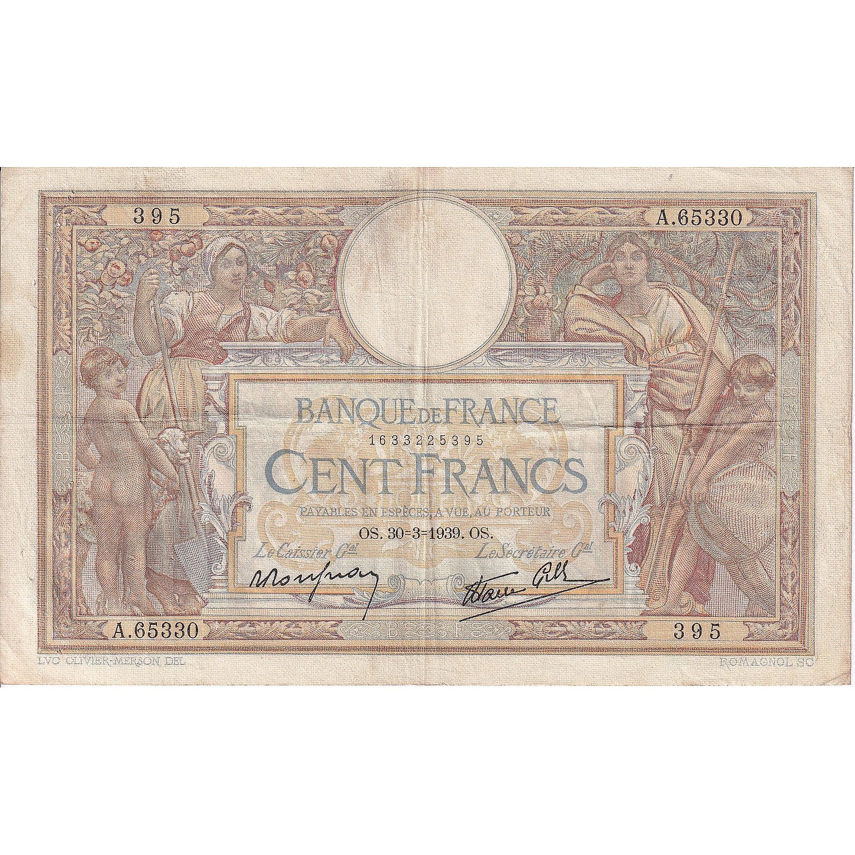 France, 100 Francs, Luc Olivier Merson, 1939, 1939-03-30, VF(30-35)