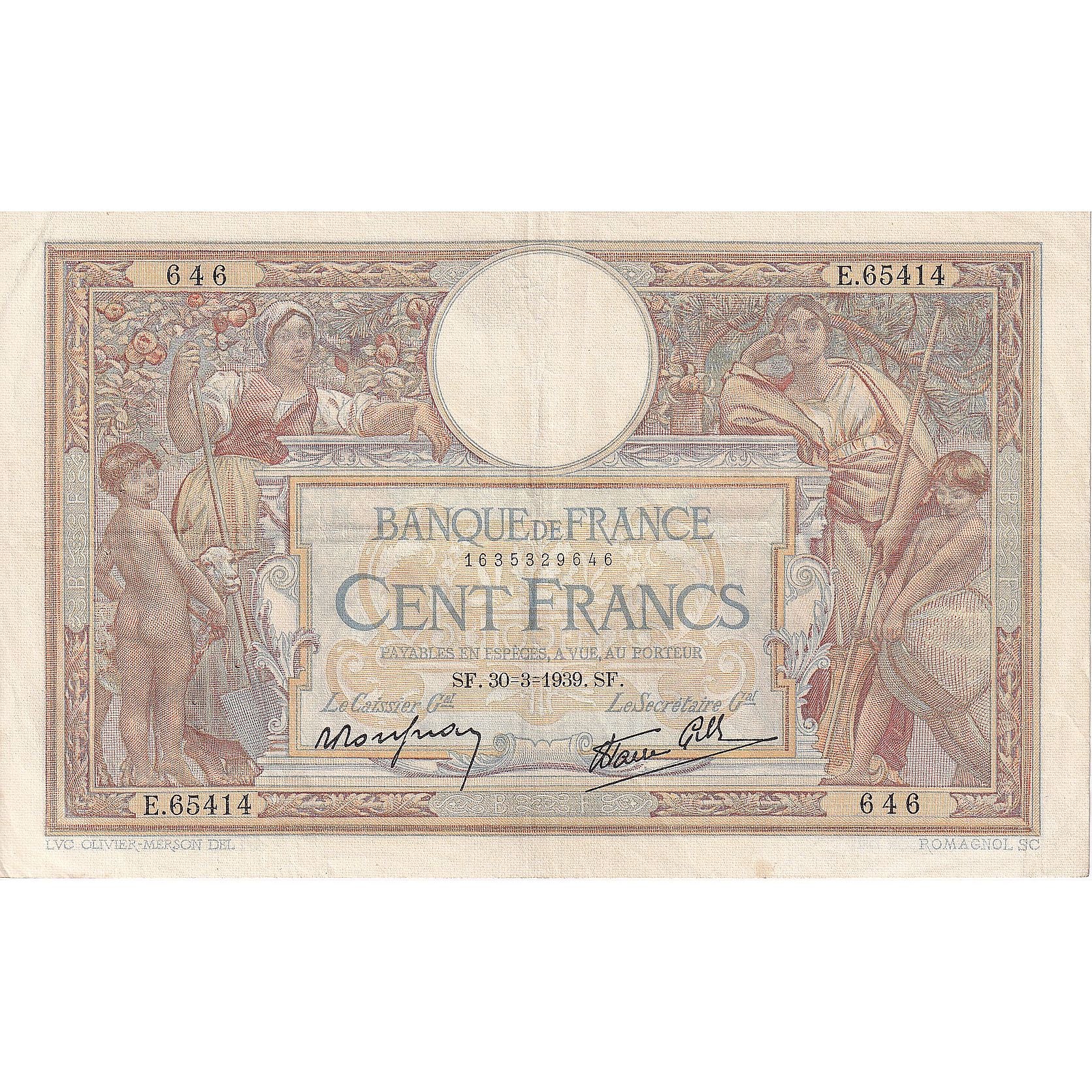 Frankrijk, 100 Francs, Luc Olivier Merson, 1939-03-30, E.65414, TTB+