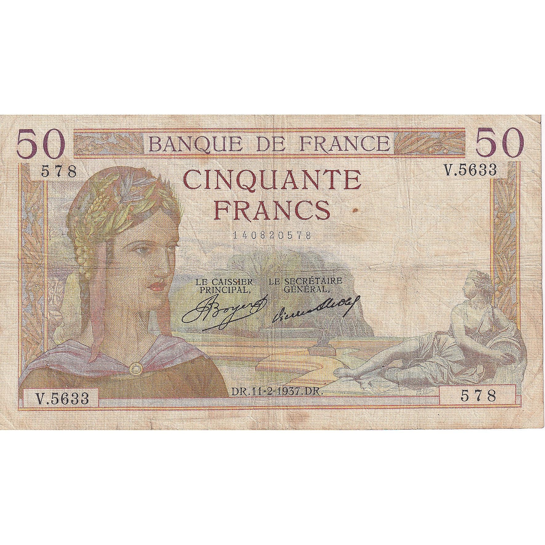 Francja, 50 Francs, Cérès, 1937, V.5633, VF(30-35), Fayette:17.34, KM:81