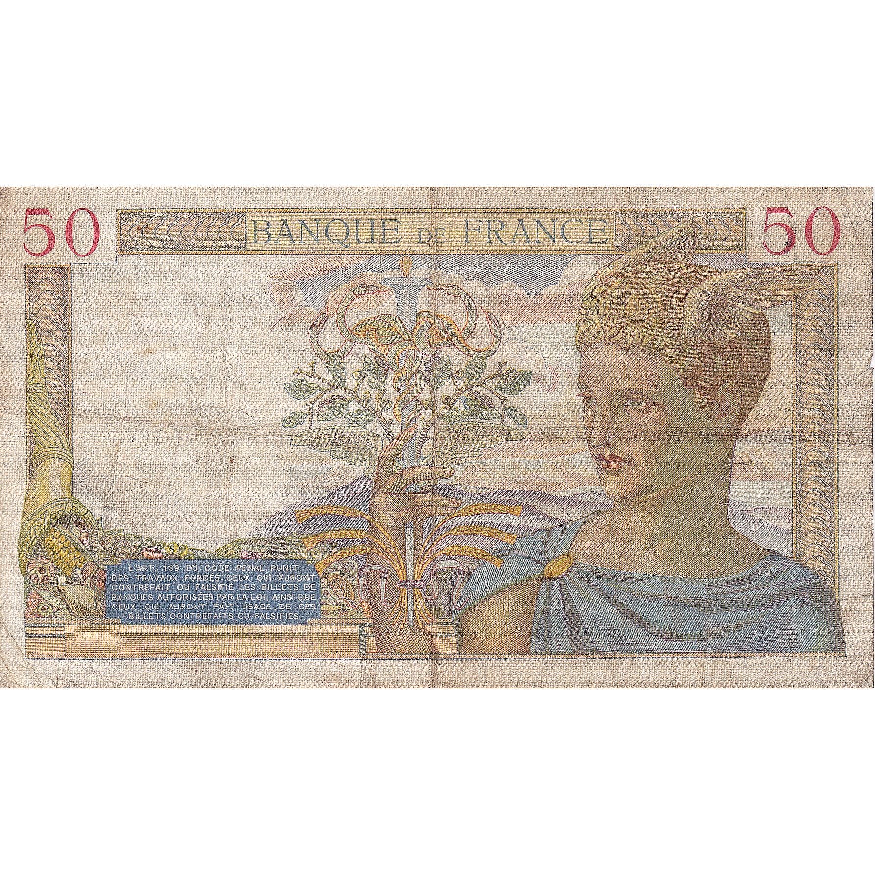 Francia, 50 Francs, Cérès, 1937, O.6935, MB, Fayette:18.03, KM:85a
