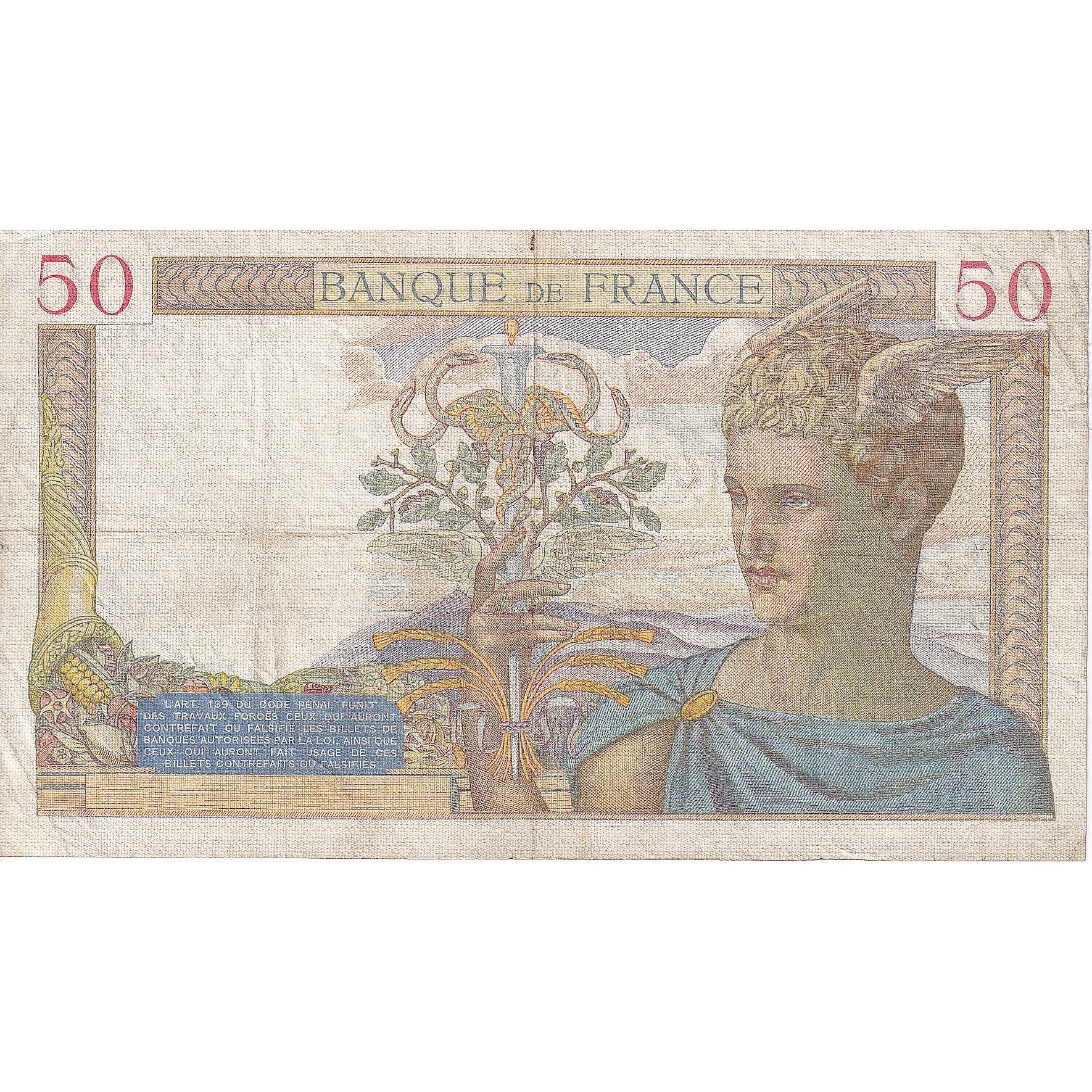 Francia, 50 Francs, Cérès, 1937, J.7313, MB+, Fayette:18.6, KM:81